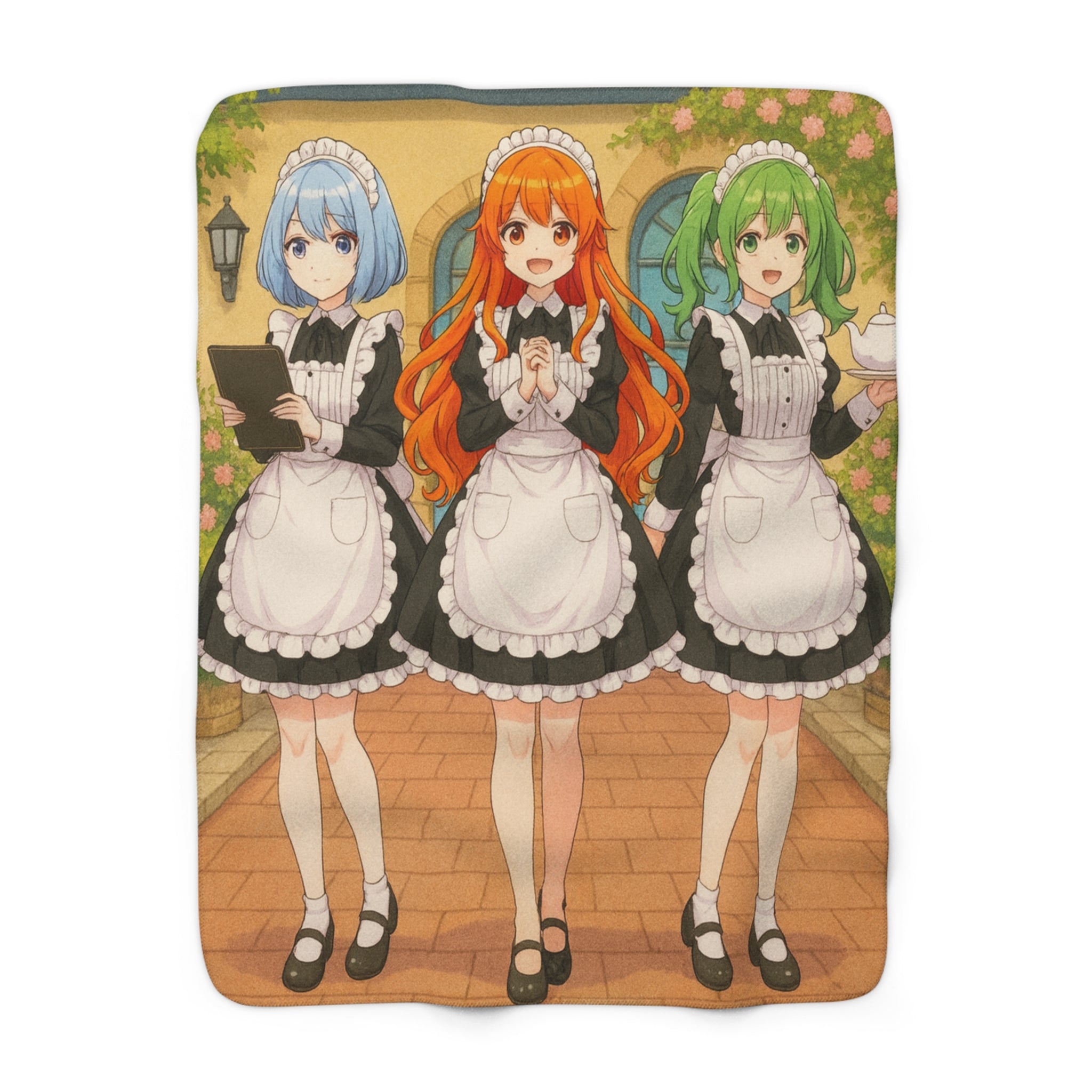 Anime Maid Café Sherpa Blanket Cute Trio Cozy Fleece Throw Japanese Waitress Girls Gift for Otaku and Collectors
