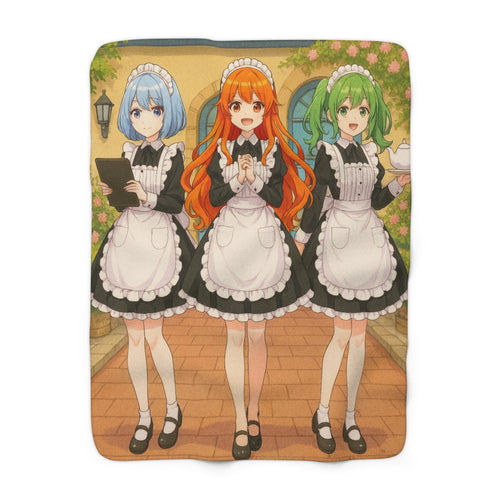 Anime Maid Café Sherpa Blanket Cute Trio Cozy Fleece Throw Japanese Waitress Girls Gift for Otaku and Collectors
