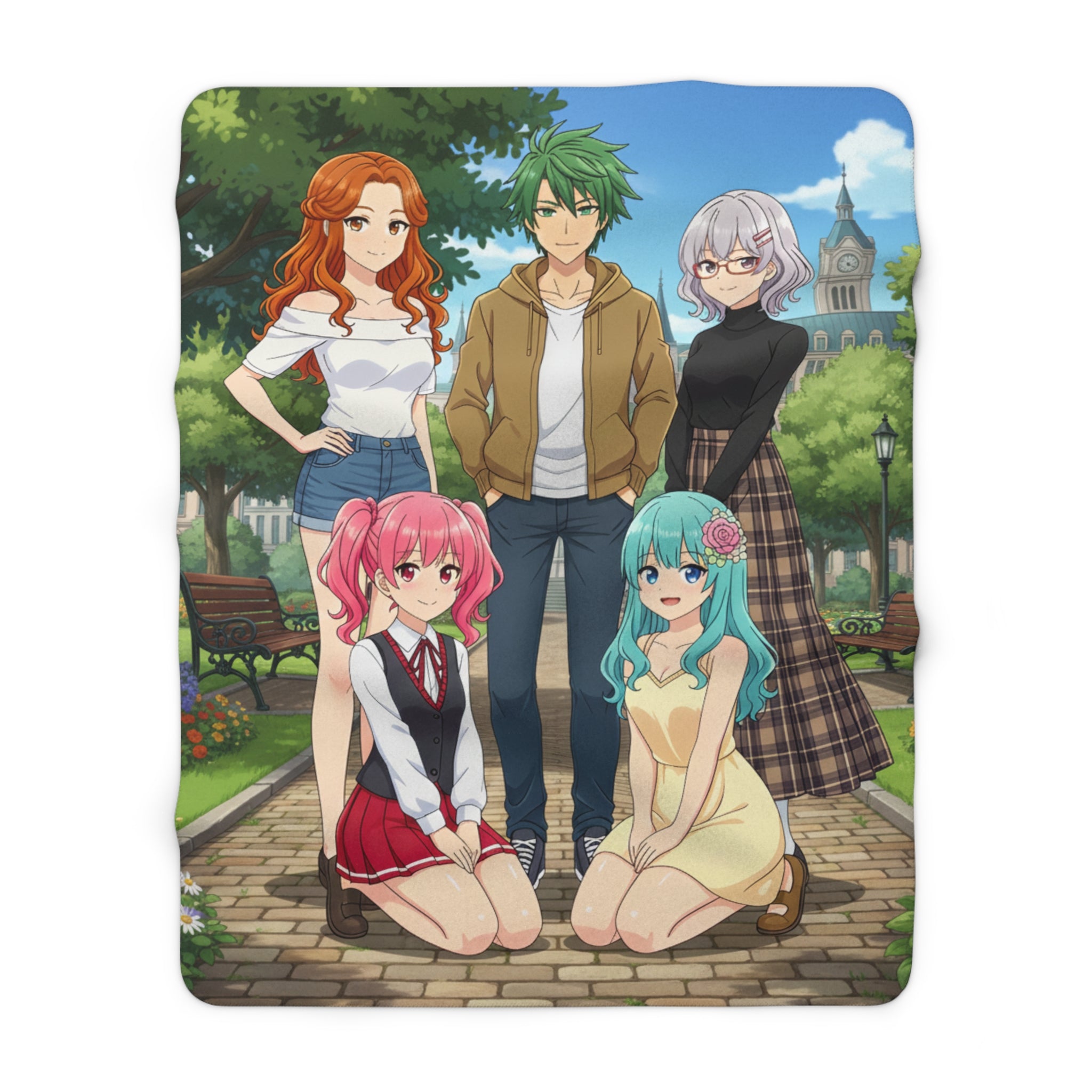 Anime Character Group Sherpa Blanket Cozy Colorful Park Scene Soft Fleece Throw for Anime Fans