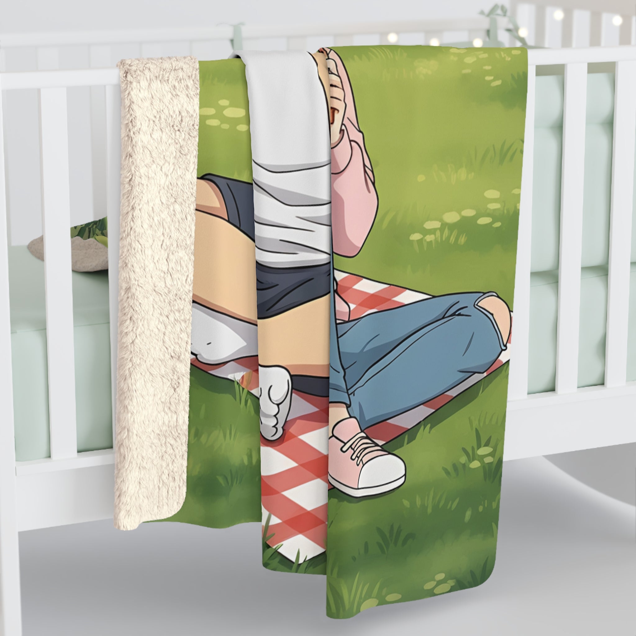 Anime Couple Picnic Sherpa Blanket — Willow Trees River Scene