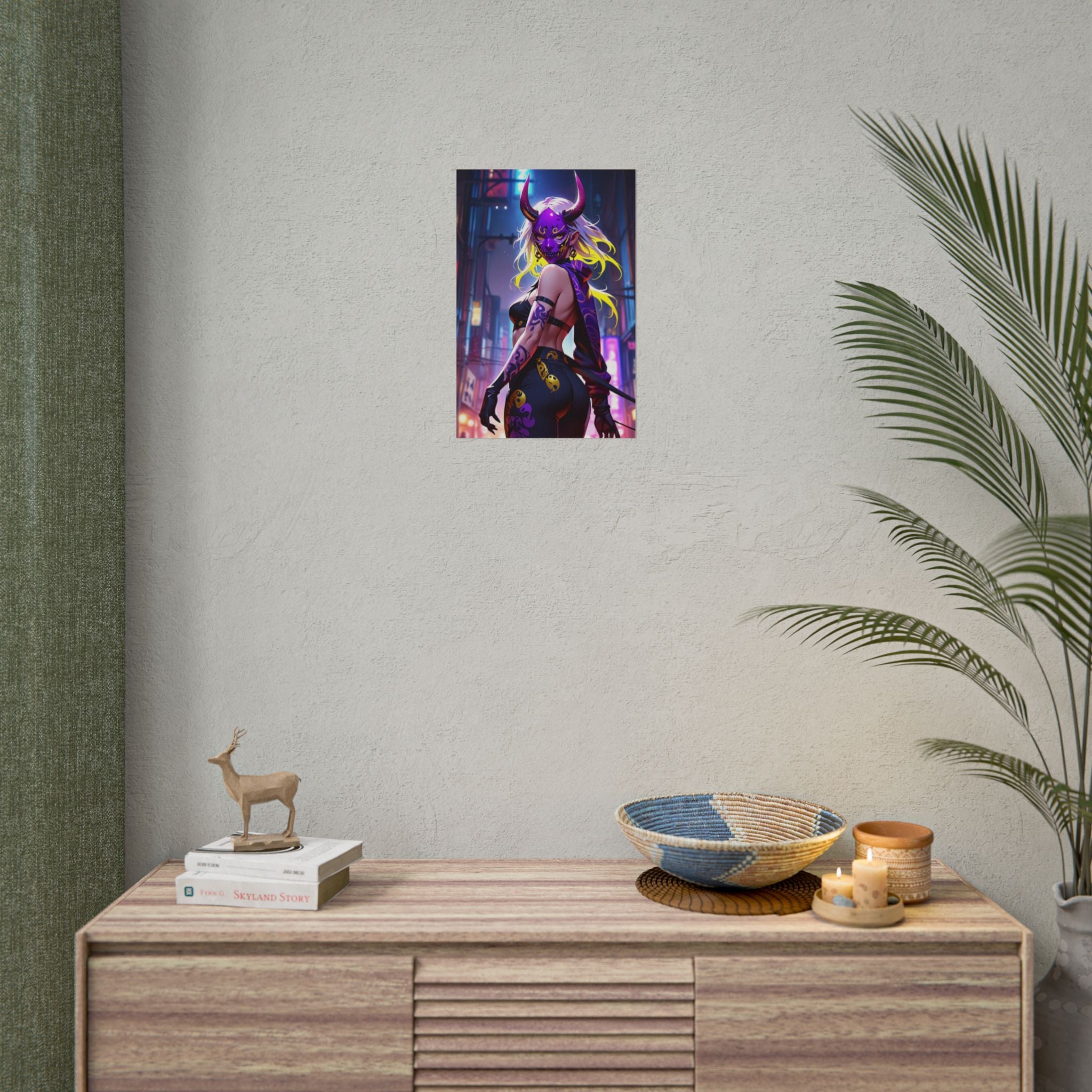 Neon Oni Demon Girl Poster – Cyberpunk Anime Pin Up Wall Art, Japanese Horror Aesthetic Print, Dark Fantasy Manga Style Decor