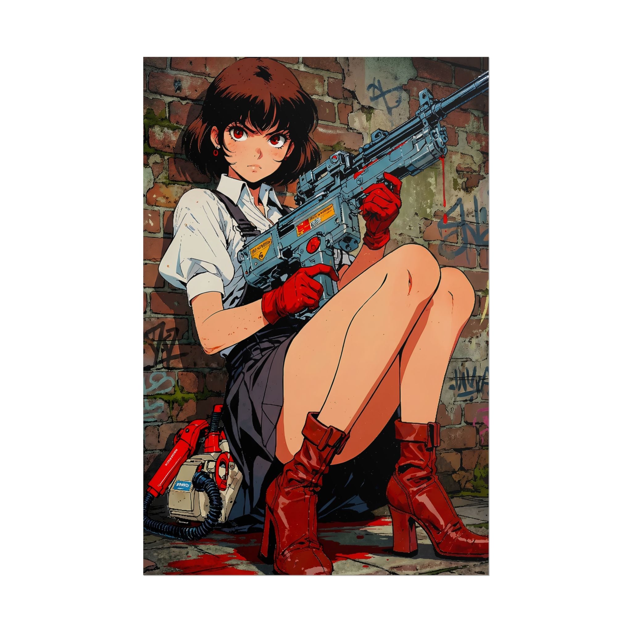 Grindhouse Anime Girl Poster Retro Pin-Up With Rifle Street Graffiti Wall Art For Horror Fans And Collectors