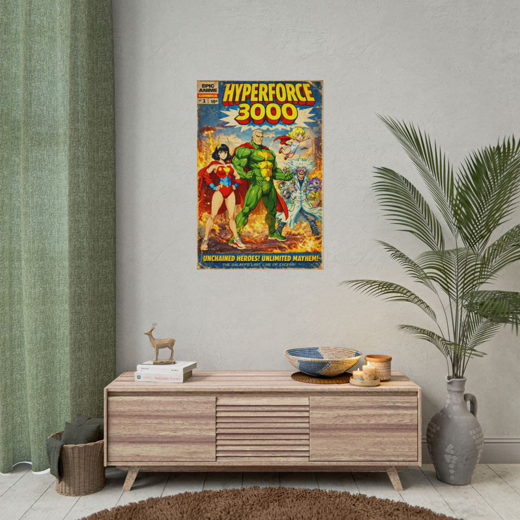 Hyperforce 3000 Poster – Retro Comic Superhero Wall Art, Anime Sci-Fi Team Poster, Vintage Action Comic Cover, 24x36 Print