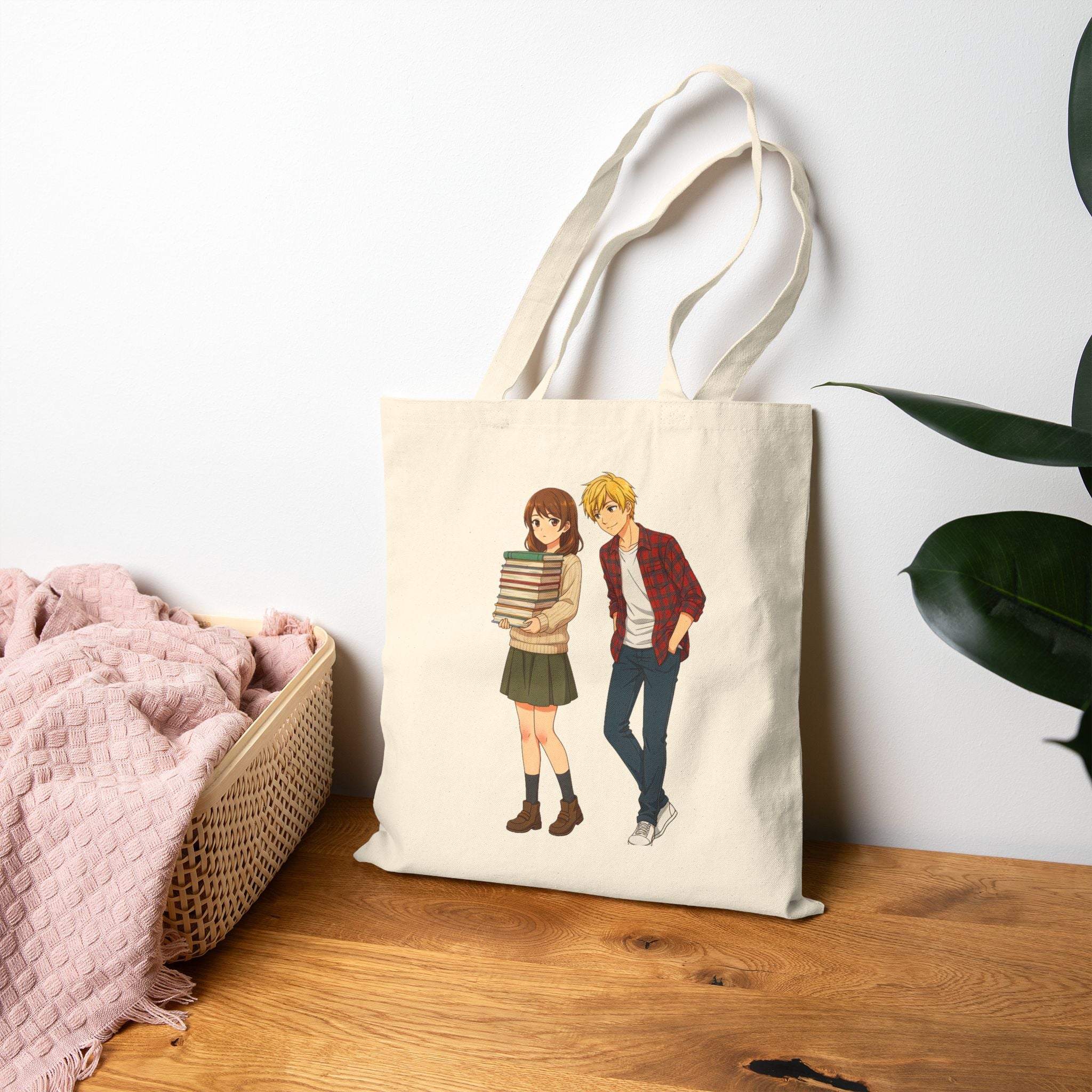 Anime School Romance Tote Bag Book Girl and Blonde Guy Cotton Canvas Gift for Anime Fans