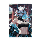 Oni Mask Queen Poster – Anime Demon Girl Wall Art Print, Japanese Yokai Temple Artwork, Cyberpunk Fantasy Pin Up Poster, Manga Horror Decor