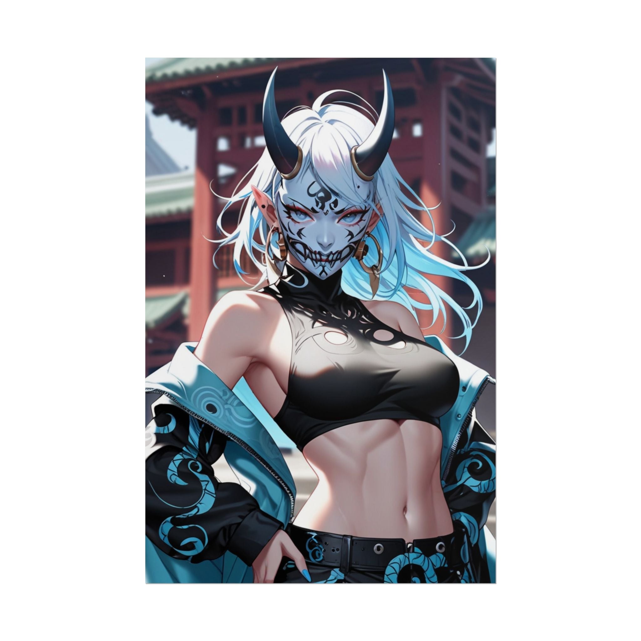 Oni Mask Queen Poster – Anime Demon Girl Wall Art Print, Japanese Yokai Temple Artwork, Cyberpunk Fantasy Pin Up Poster, Manga Horror Decor