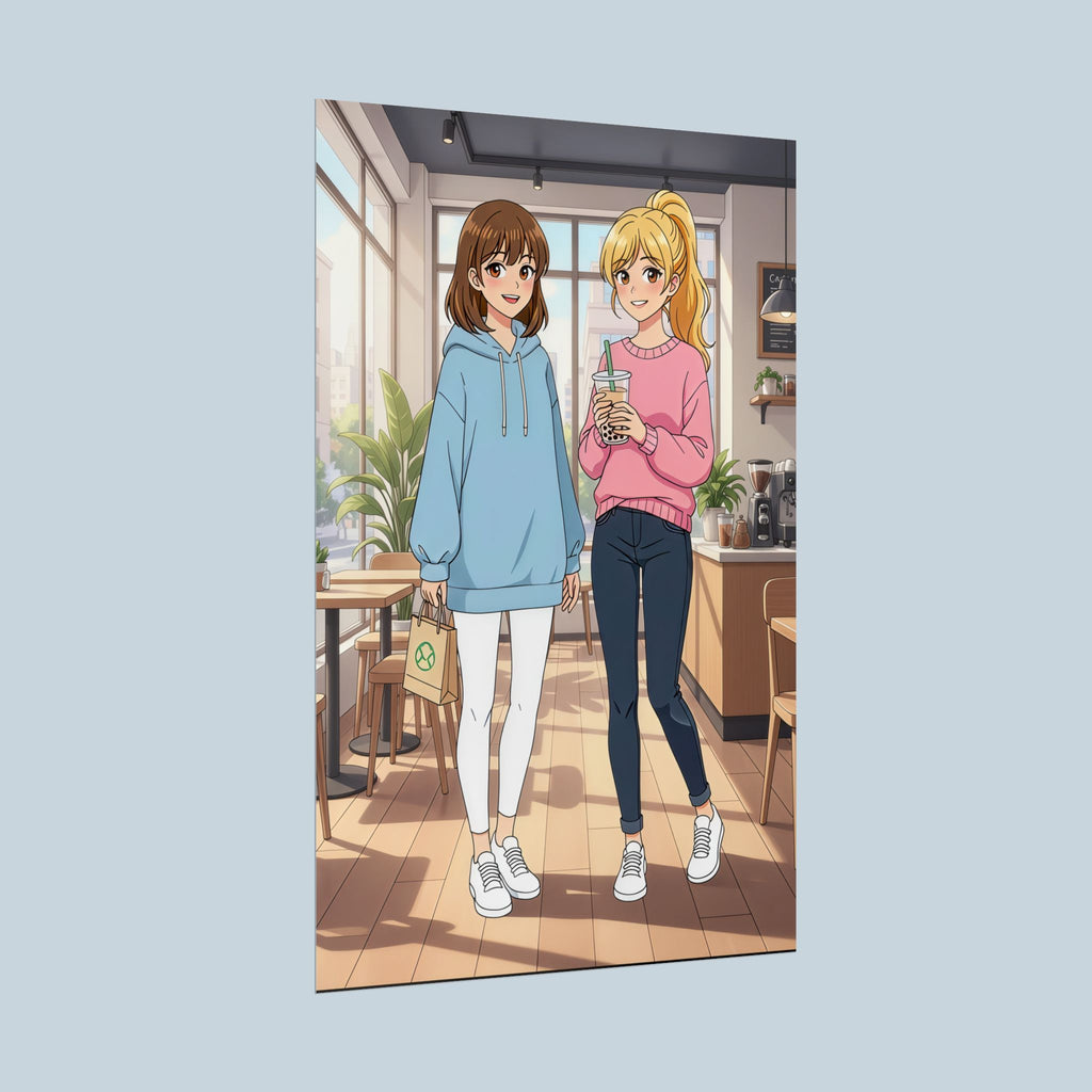 Anime Boba Girls Poster Cozy Slice of Life Wall Art for Bedroom or Anime Cafe Decor