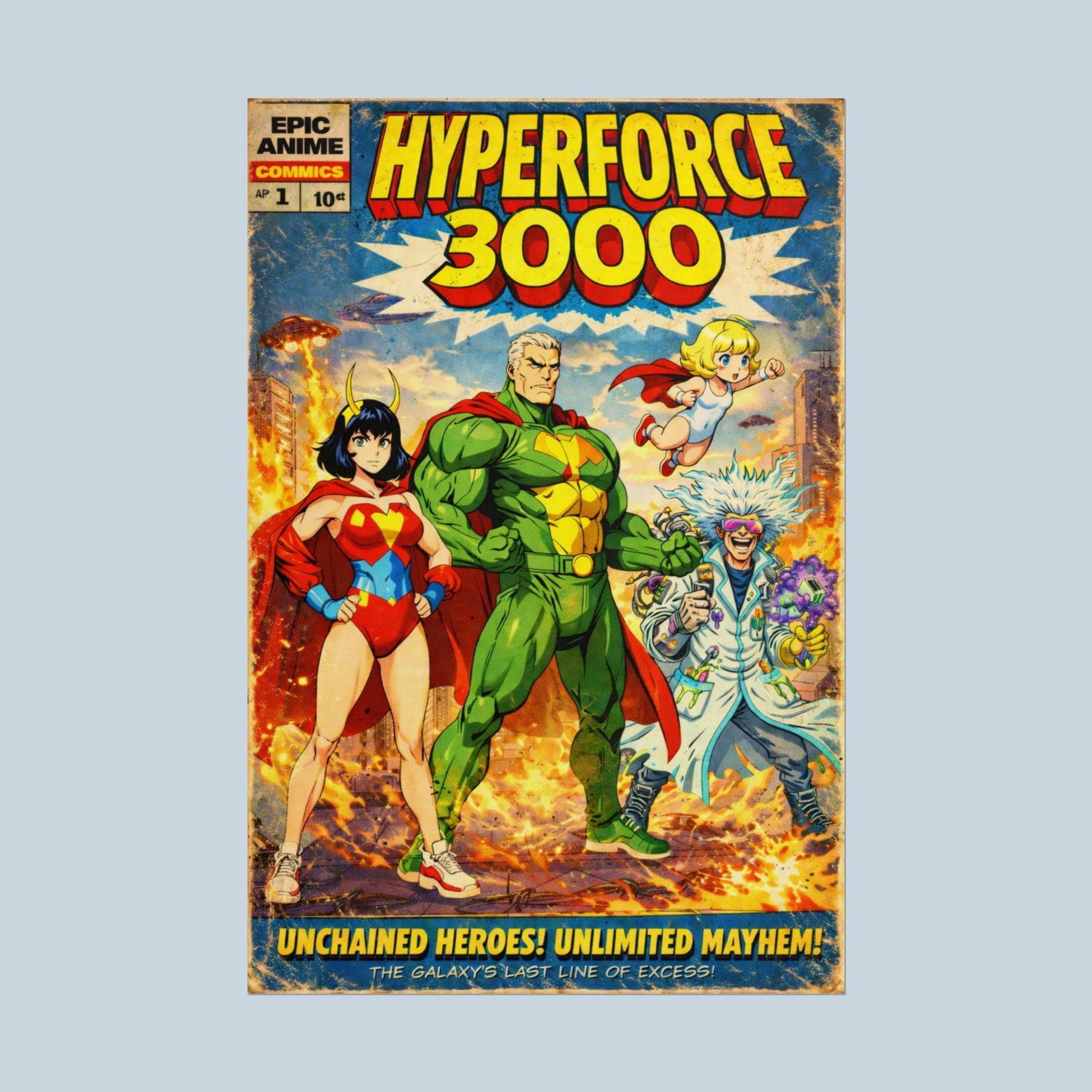 Hyperforce 3000 Poster – Retro Comic Superhero Wall Art, Anime Sci-Fi Team Poster, Vintage Action Comic Cover, 24x36 Print