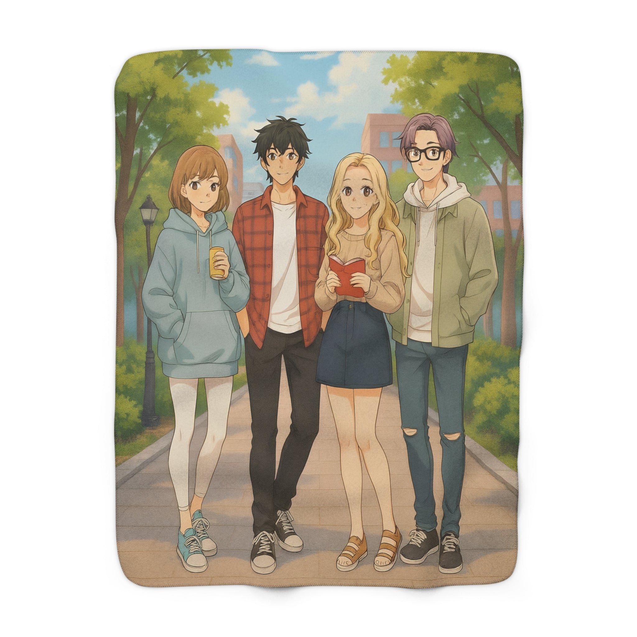 Anime Sherpa Blanket Cozy Friends on Campus Soft Japanese Throw for Anime Lovers and Dorm Rooms