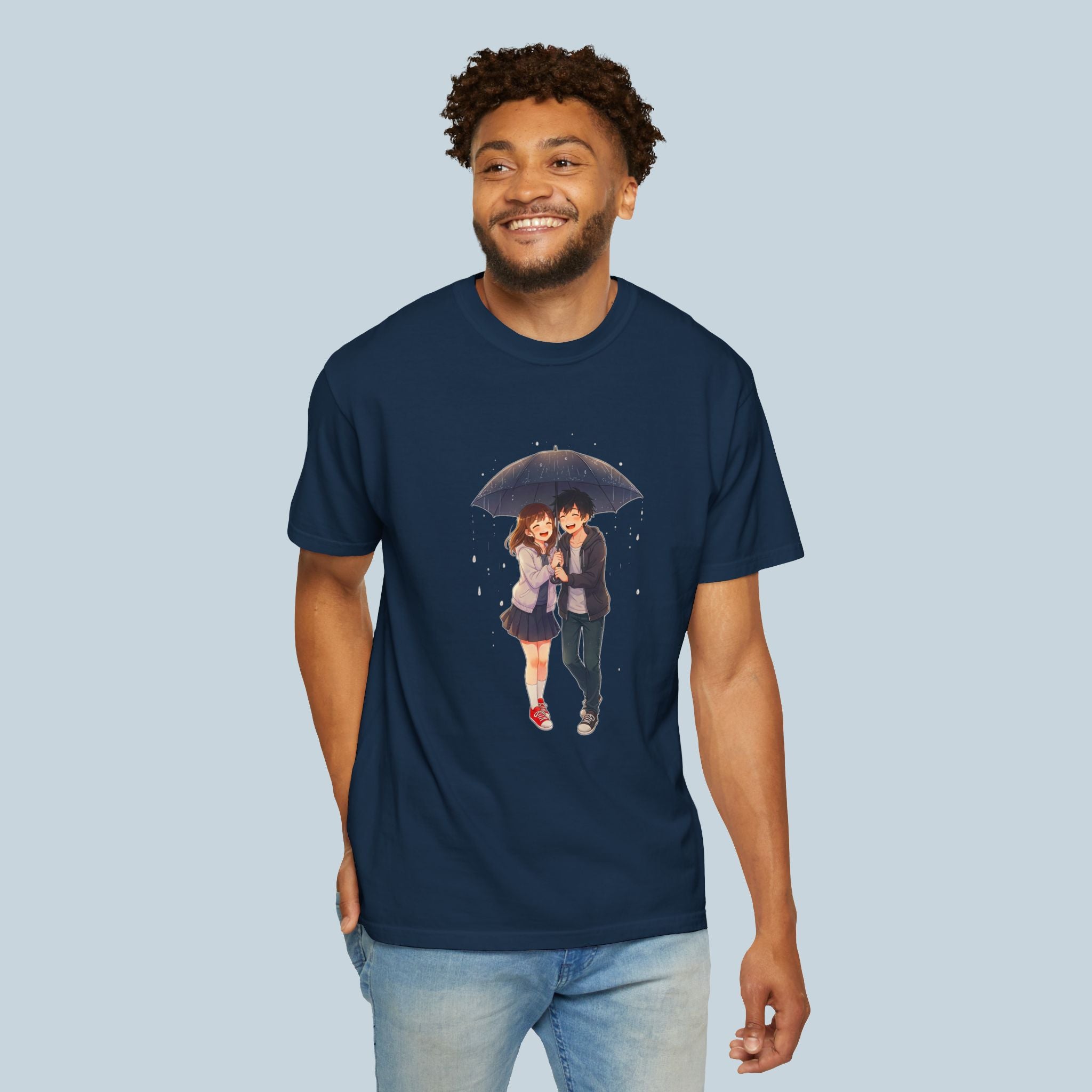 Anime Couple Under Umbrella T-Shirt Cute Romantic Japan Streetwear Comfort Colors Tee Gift for Anime Fans