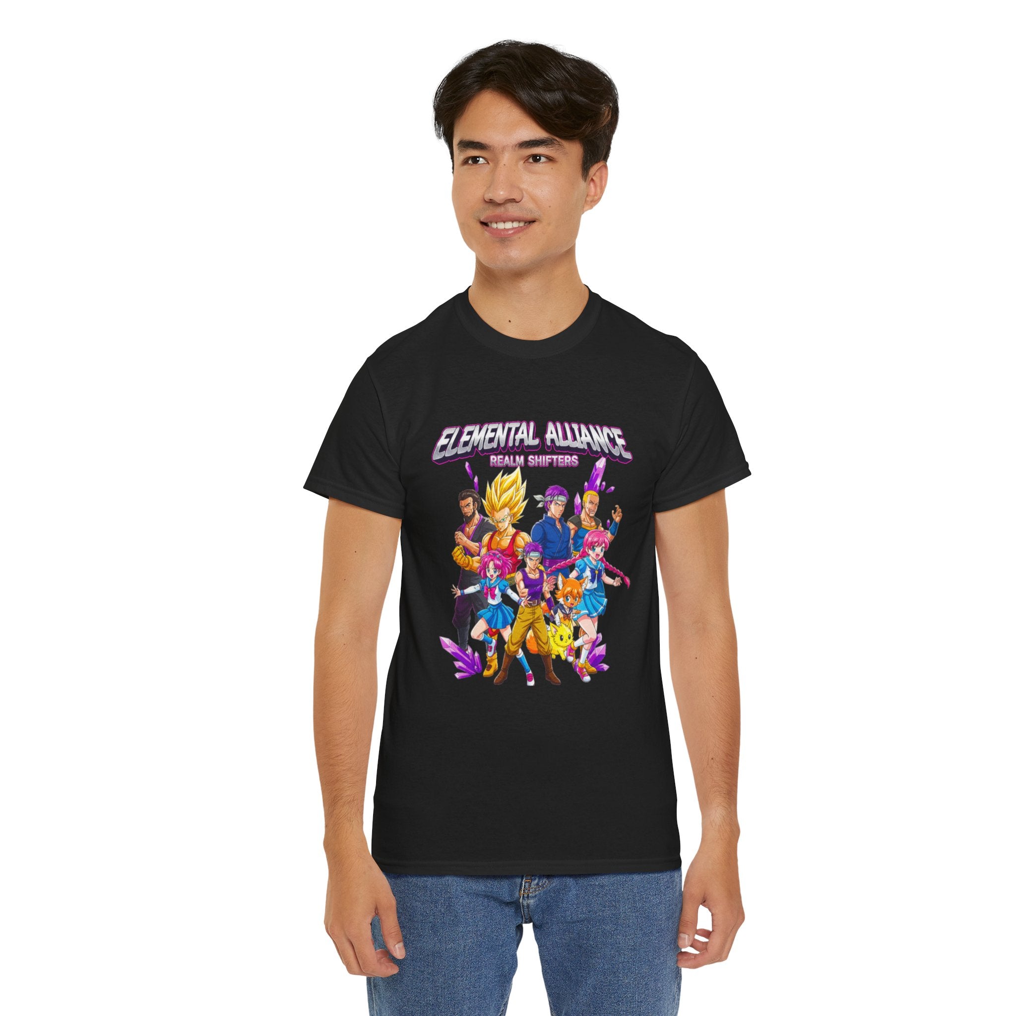 Elemental Alliance Anime T Shirt Neon Fantasy Hero Team Streetwear Graphic Tee for Anime Fans and Gamers