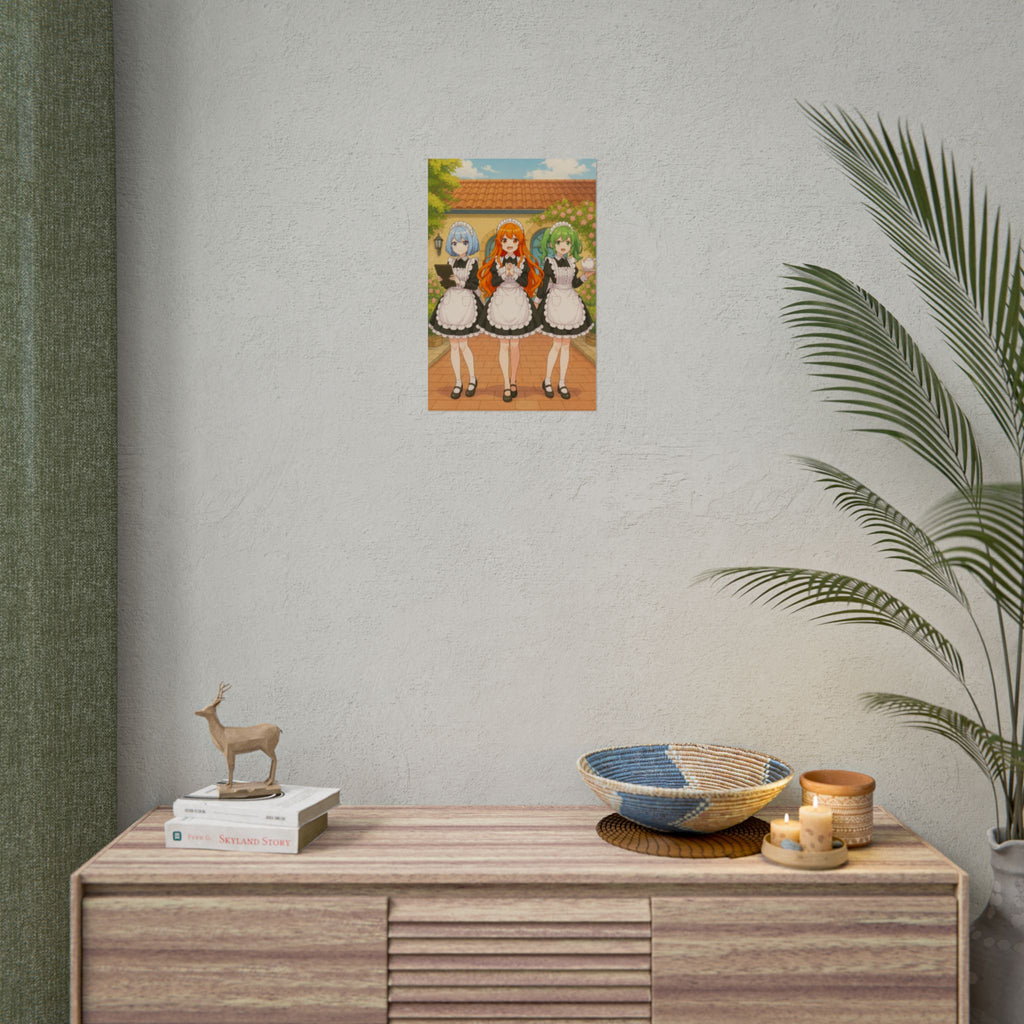 Anime Maid Café Poster Cute Trio Wall Art Japanese Waitress Girls Vintage Aesthetic for Otaku and Collectors