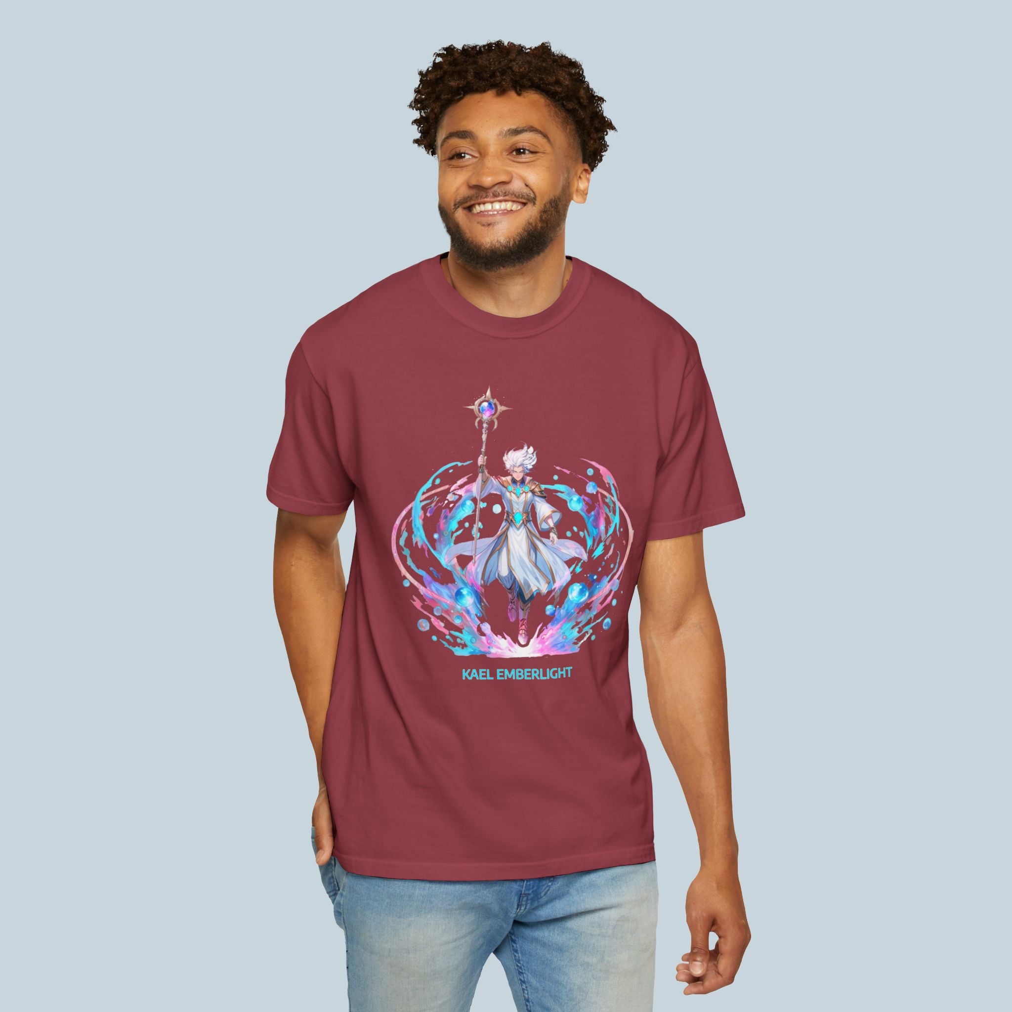 Kael Emberlight Anime T-Shirt – Neon Fantasy Mage Design on Comfort Colors Tee