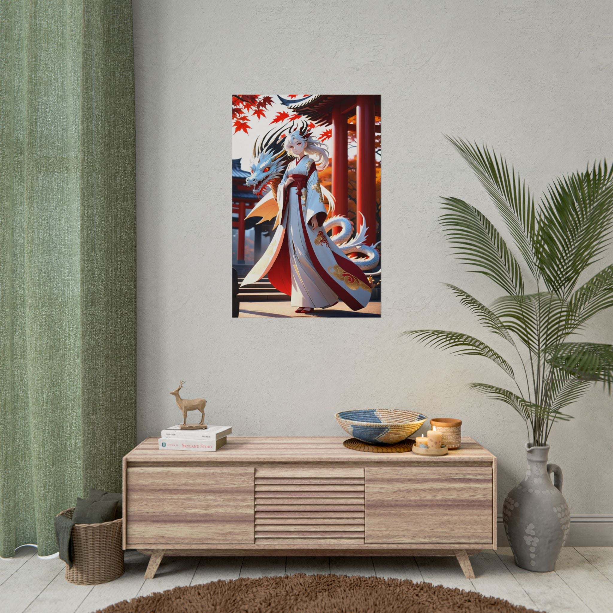 Dragon Shrine Anime Poster – White Dragon Guardian Wall Art, Japanese Temple Fantasy Print, Autumn Anime Girl Artwork, Collector Poster | Epic Anime Apparel