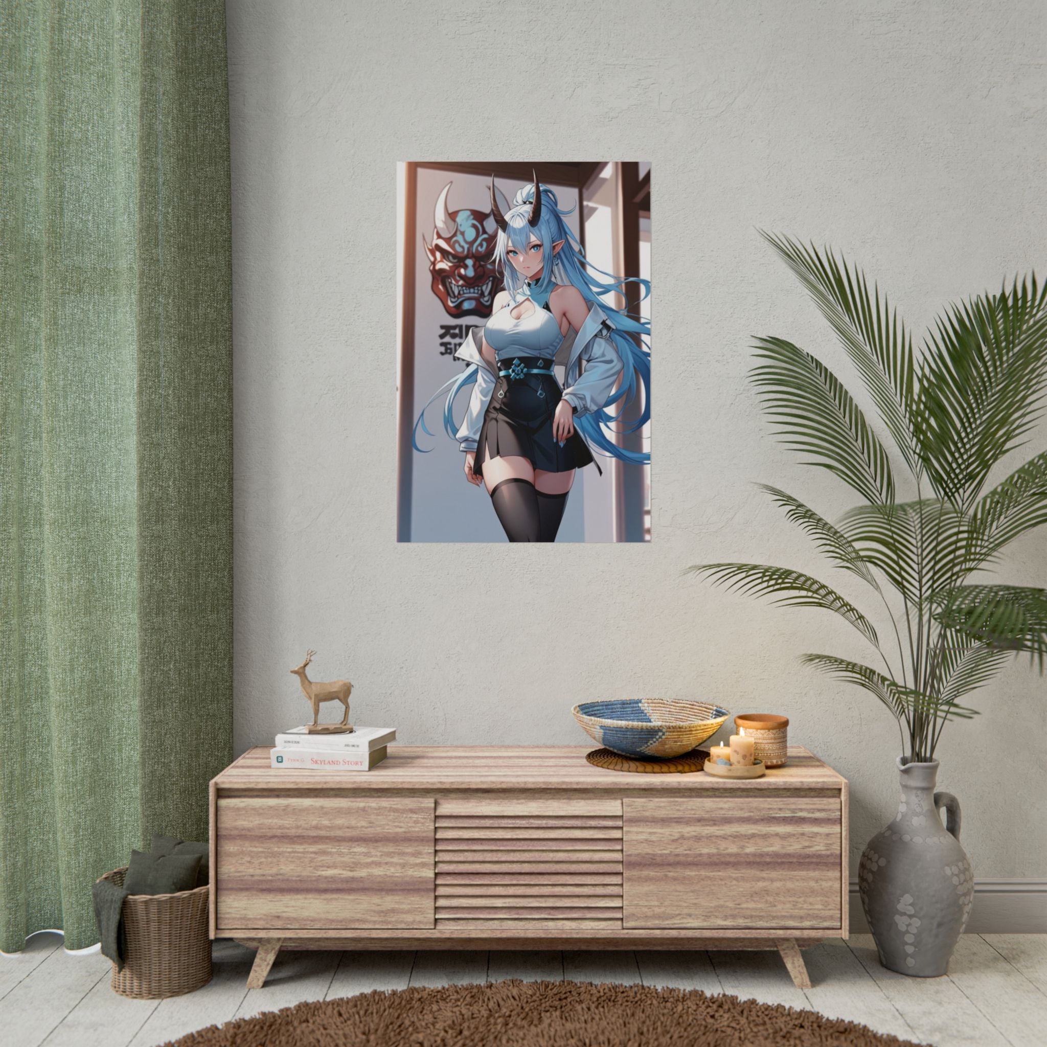 Blue Oni Girl Poster – Anime Demon Wall Art Print, Japanese Oni Mask Decor, Ice Blue Fantasy Pin Up Poster, Manga Style Bedroom Wall Decor