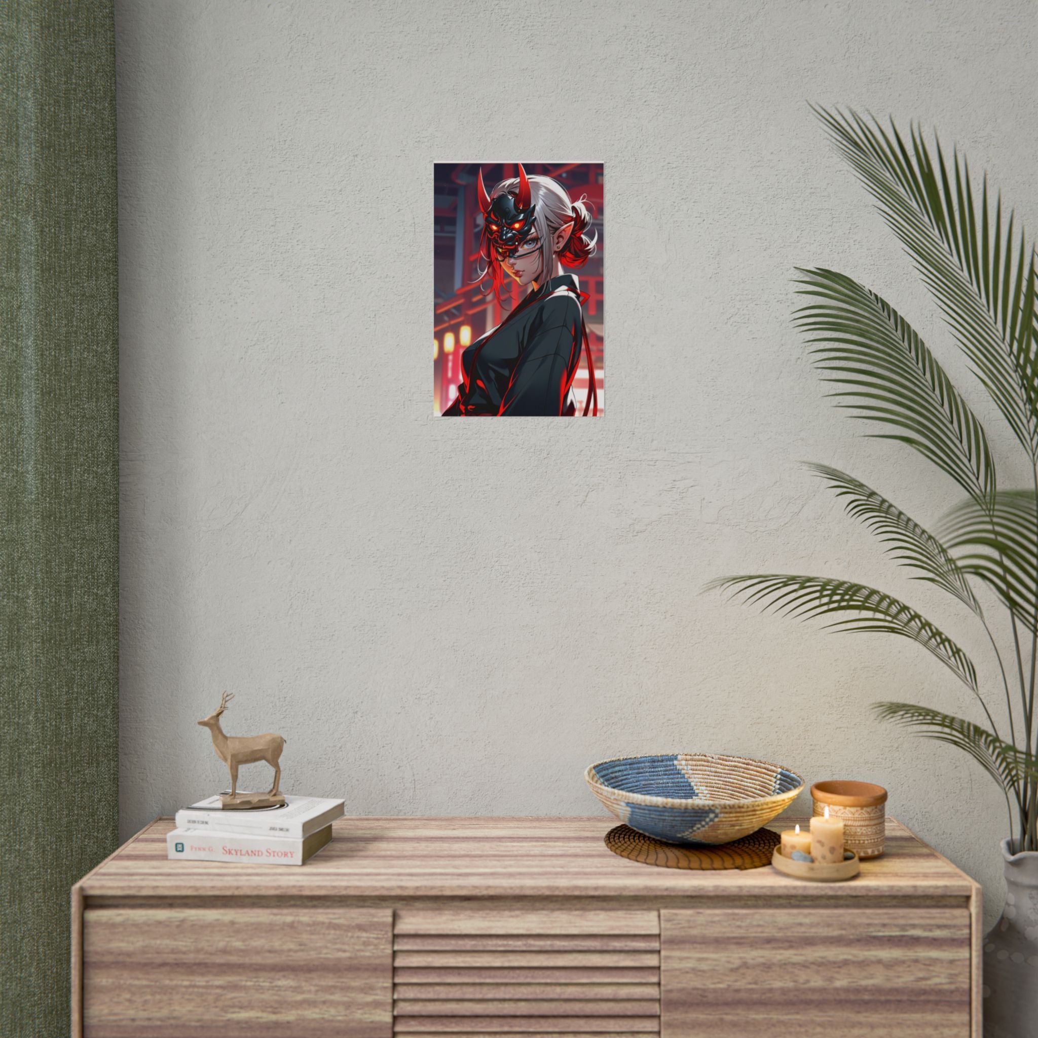 Oni Mask Demon Girl Poster – Cyberpunk Anime Wall Art Print, Japanese Horror Decor, Sexy Pin Up Manga Demon Poster