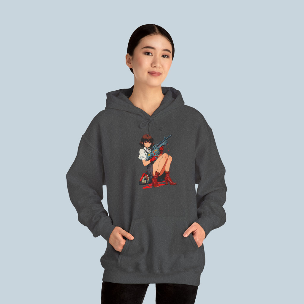 Anime Girl Hoodie – Seated Sniper Schoolgirl with Red Boots and Sci-Fi Rifle | Streetwear Hoodie for Gamers and Anime Fans