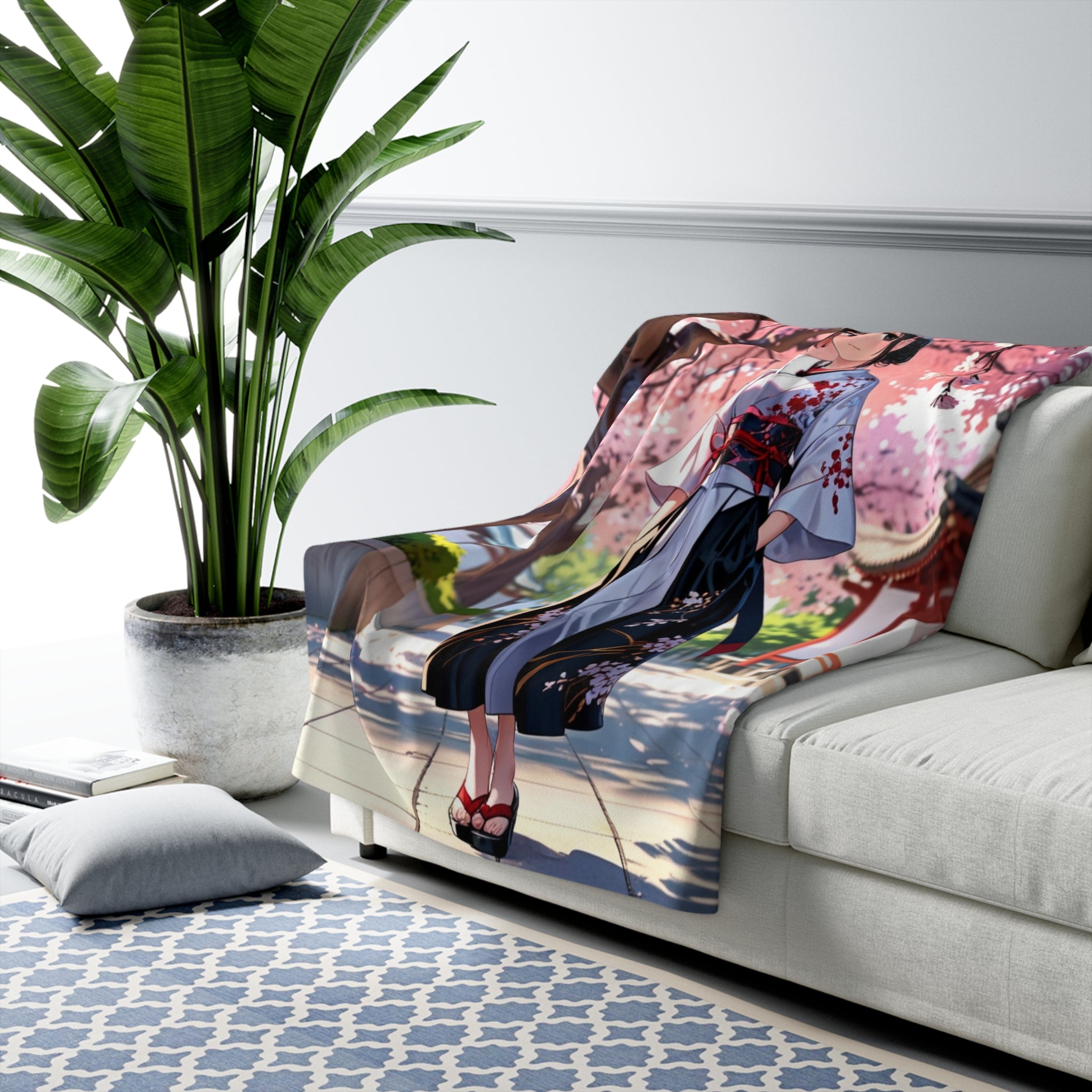 Anime Kimono Sakura Sherpa Blanket — Cozy Japanese Garden Throw