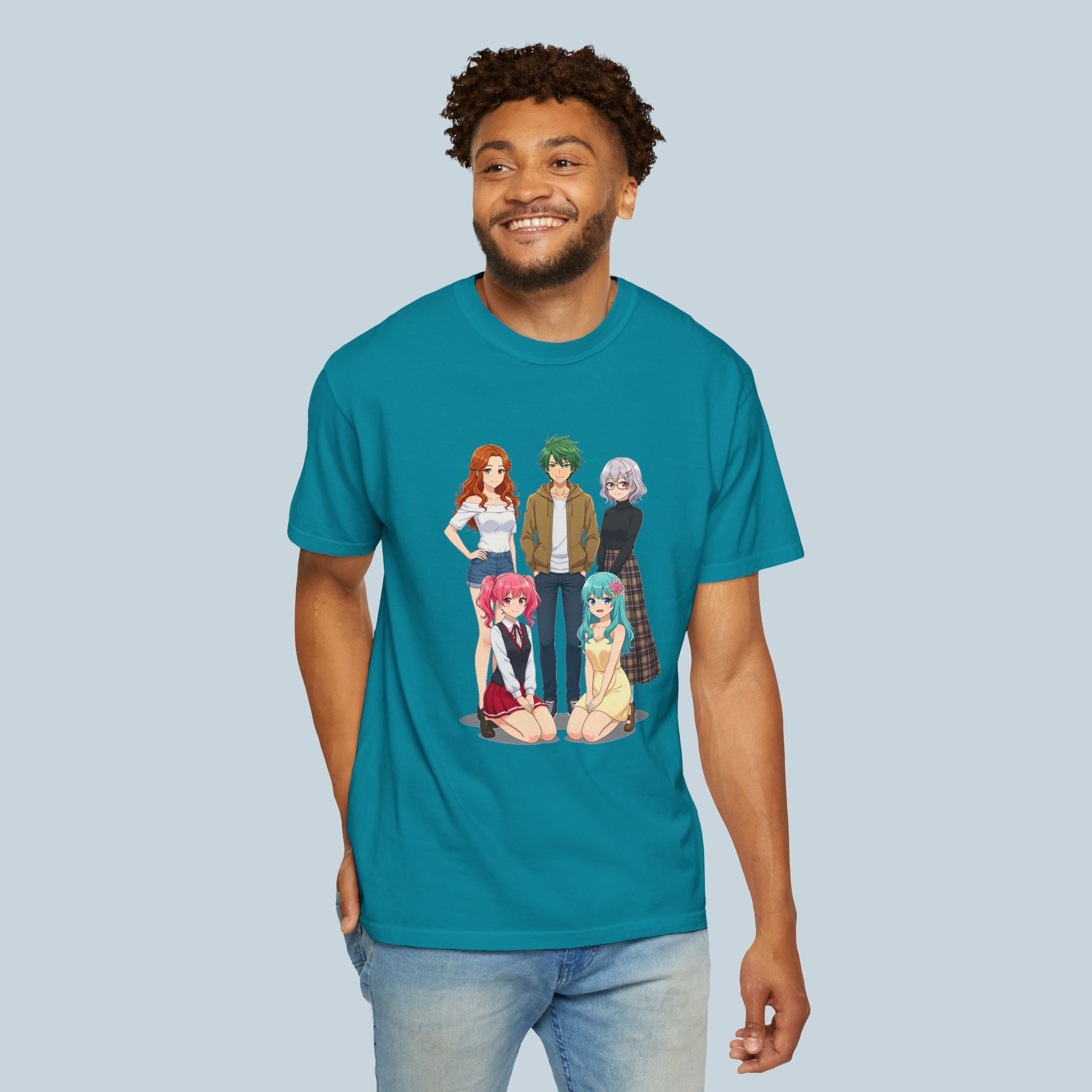 Anime Girl Harem T-Shirt Comfort Colors Vintage Teal Tee for Otaku Fans