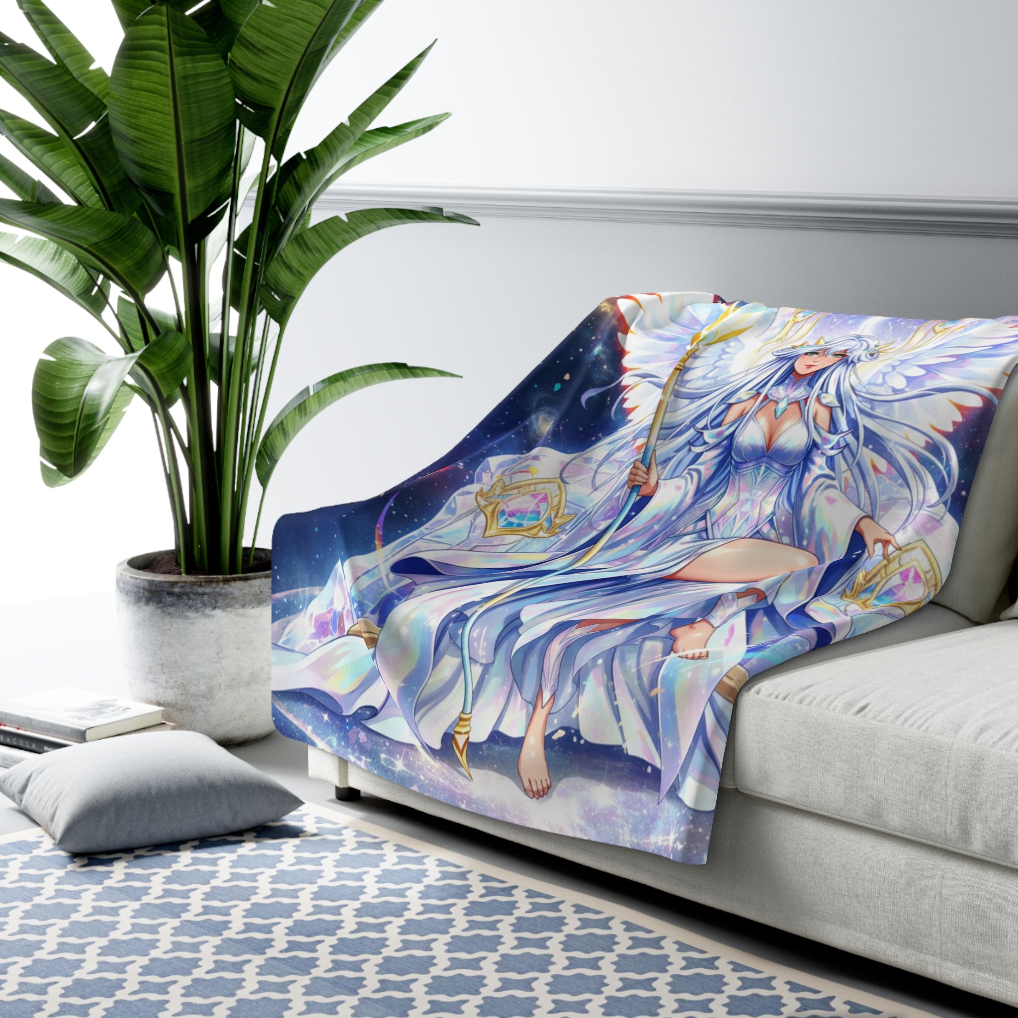 Lyria Solara Sherpa Blanket Celestial Anime Girl Soft Throw Cosmic Goddess Bedding Gift