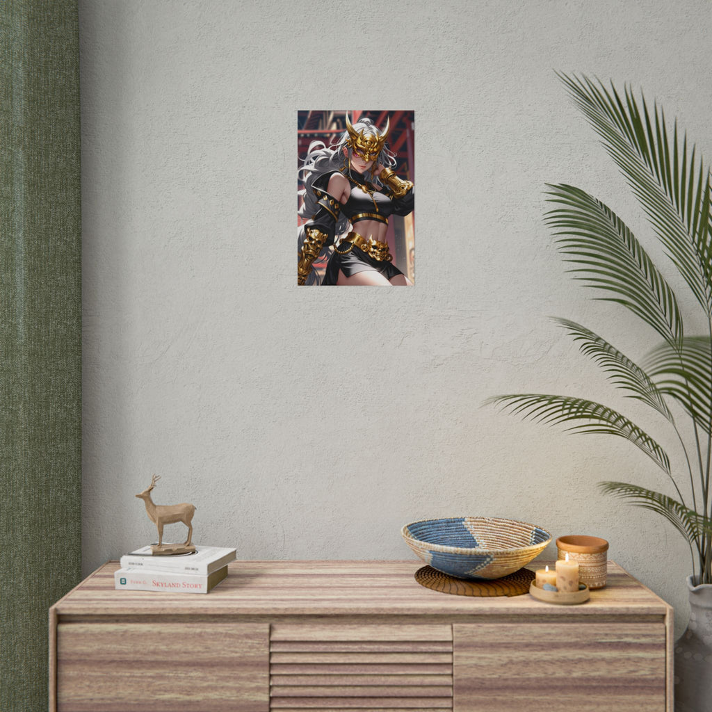 Golden Oni Mask Anime Poster – Horned Demon Girl Wall Art, Japanese Skull Armor Fantasy Print, Dark Pin Up Villain Artwork, Collector Poster | Epic Anime Apparel