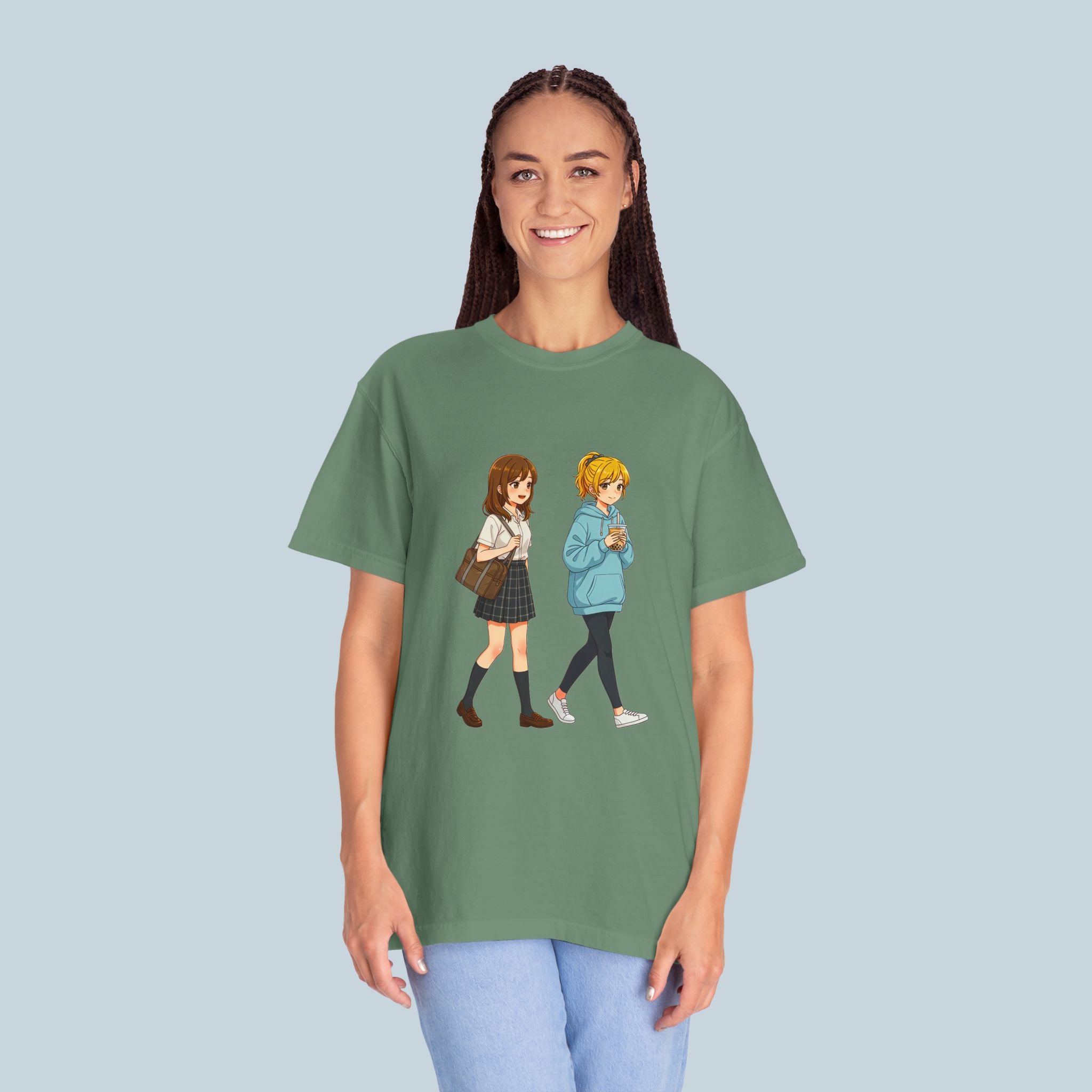 Anime School Friends T-Shirt — Cute Walking Duo Graphic Tee