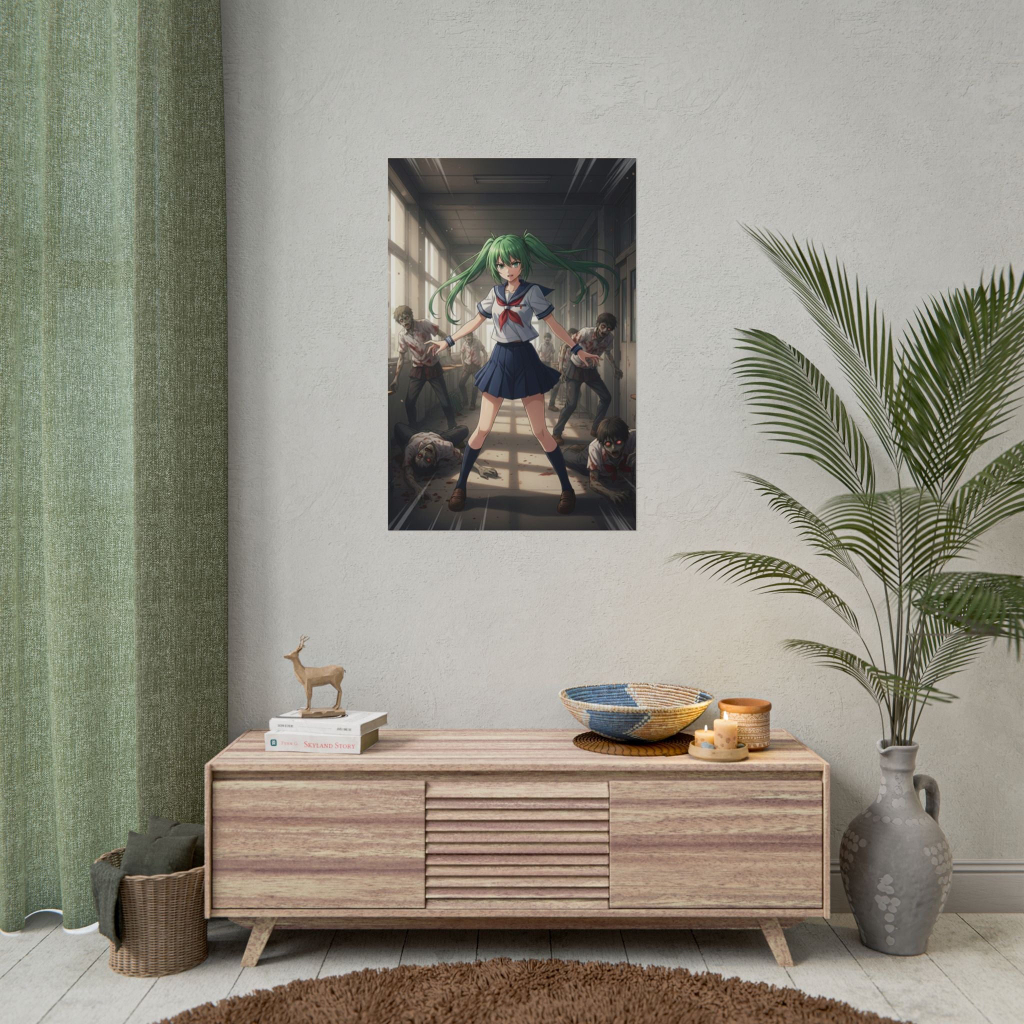 Zombie Schoolgirl Anime Poster, Apocalypse Hallway Manga Wall Art, Horror Anime Print, Japanese Zombie Survival Decor, Retro Horror Anime Girl Poster