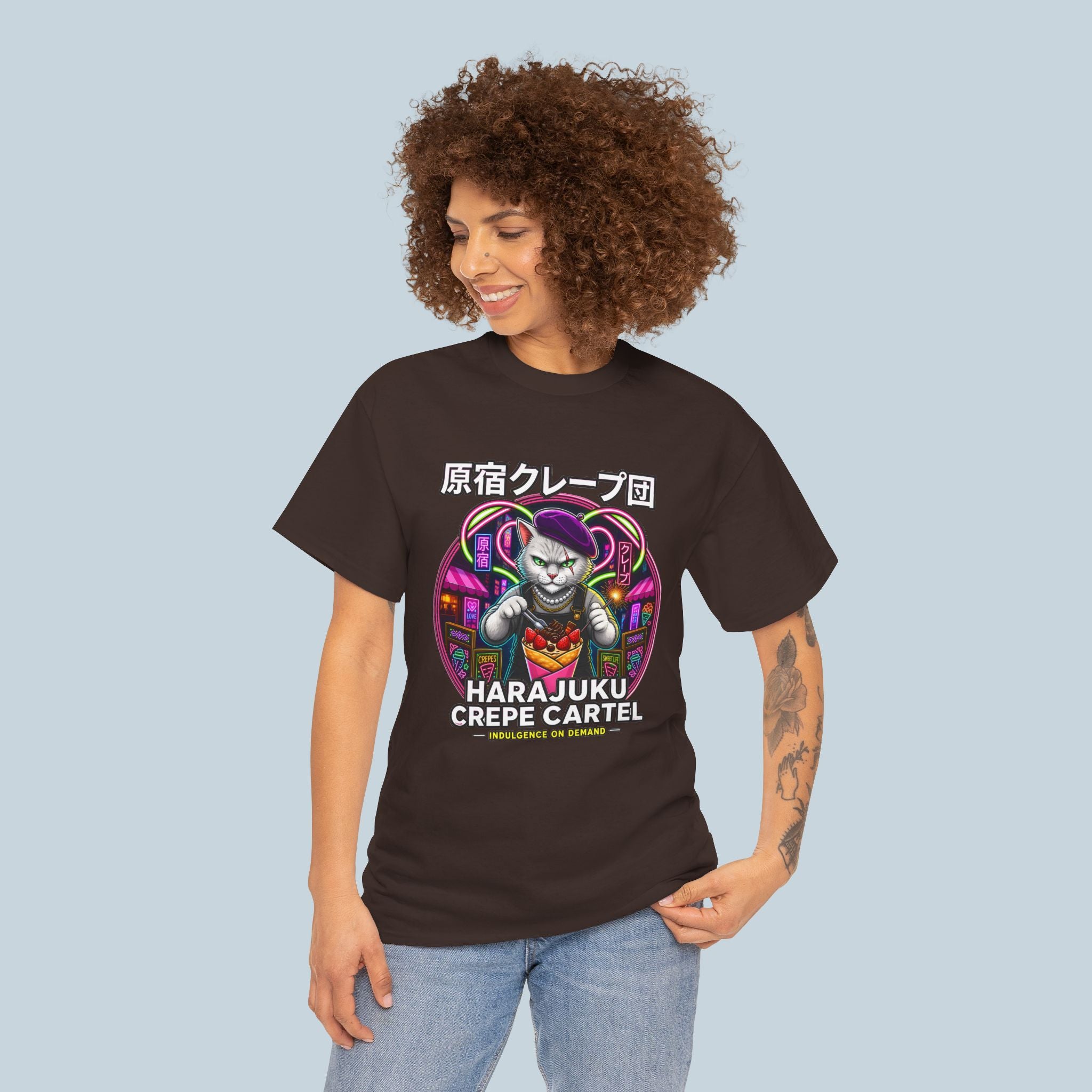 Harajuku Crepe Cartel T-Shirt Neon Japanese Streetwear Cat Graphic Tee Tokyo Anime Style Shirt Foodie Fashion Gift