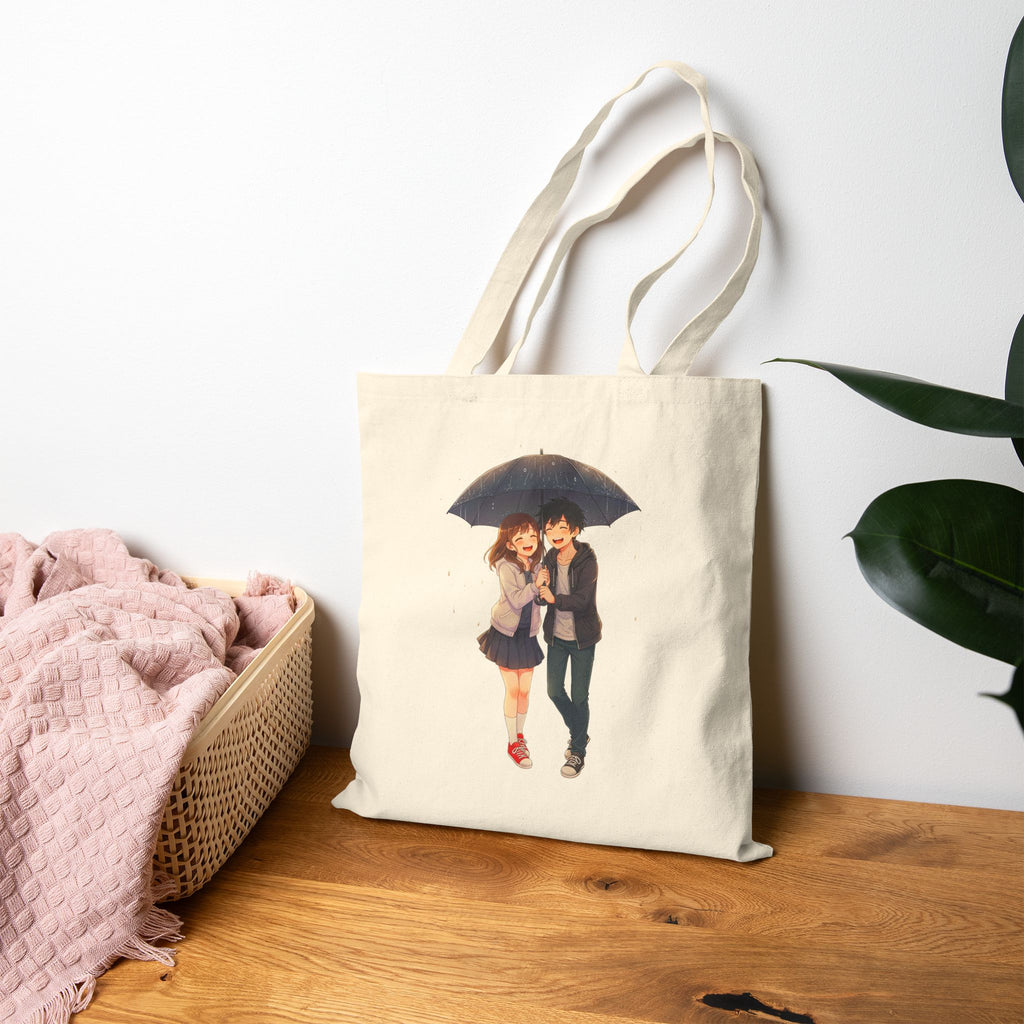 Cute Anime Couple Tote Bag Romantic Rain Scene Canvas Gift for Anime Fans and Kawaii Aesthetic Lovers