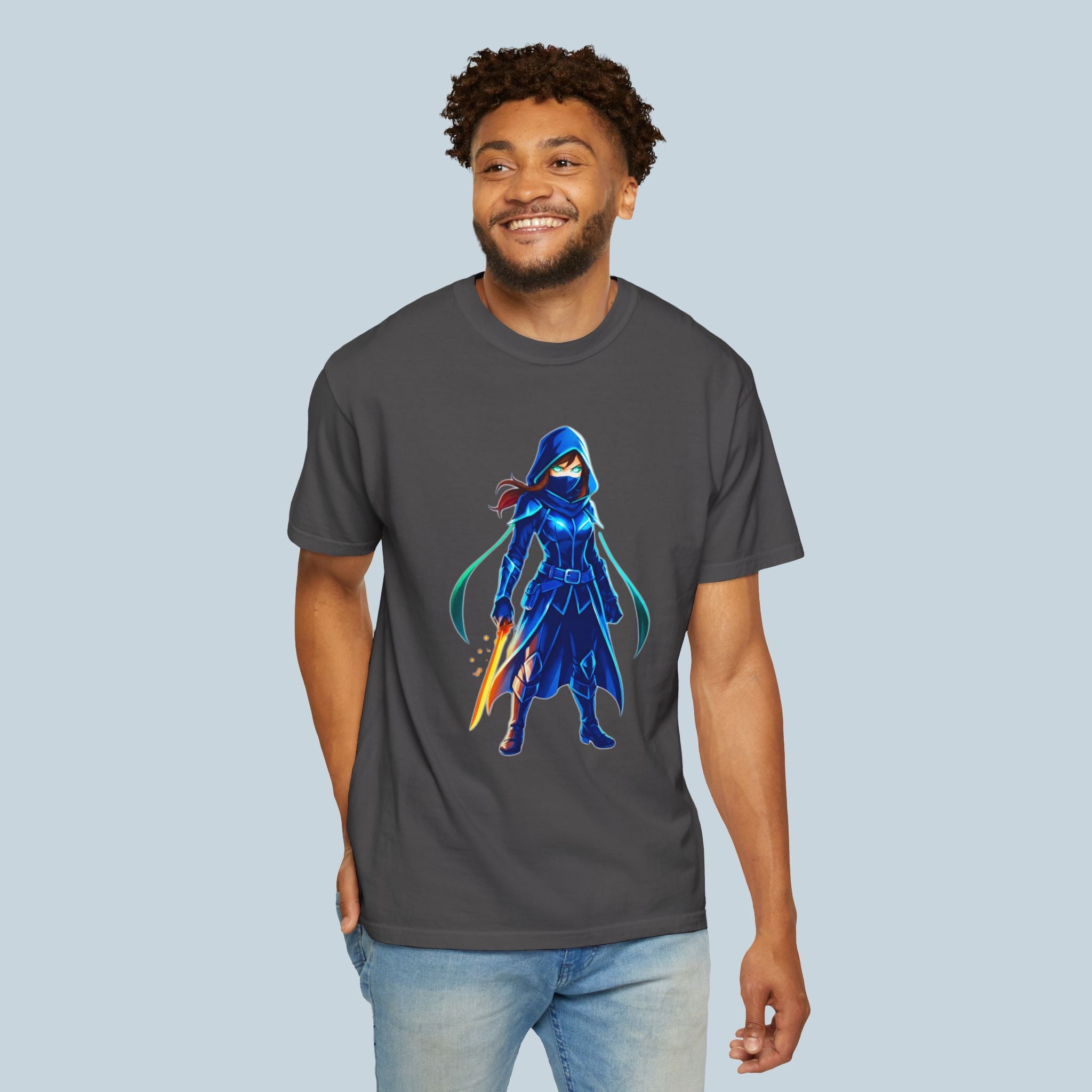 Epic Anime Elf T‑Shirt – Glowing Blue Rogue Hero Design – Fantasy Anime Streetwear Shirt for Gamers & Fans