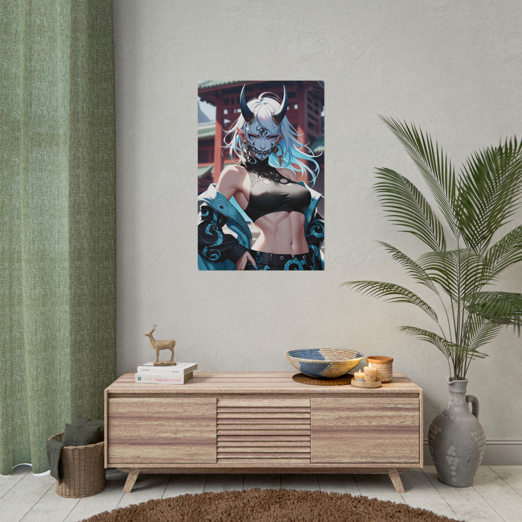 Oni Mask Queen Poster – Anime Demon Girl Wall Art Print, Japanese Yokai Temple Artwork, Cyberpunk Fantasy Pin Up Poster, Manga Horror Decor