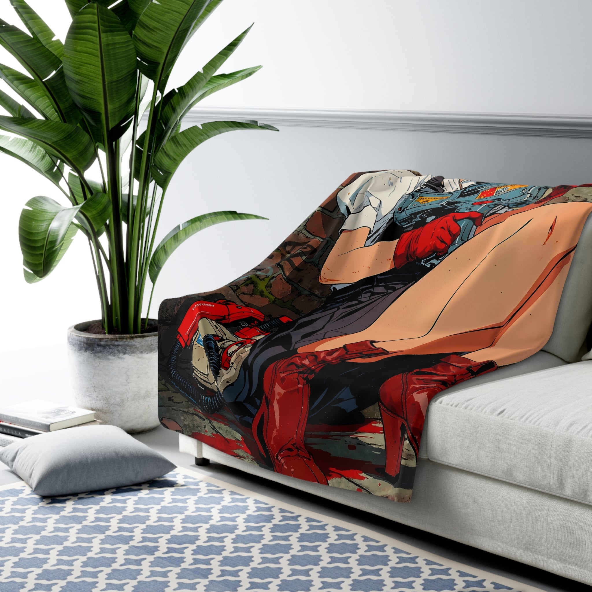 Anime Pin Up Girl Sherpa Blanket Grindhouse Girl Gun Horror Throw Soft Cozy Gift for Anime Fans and Gamers