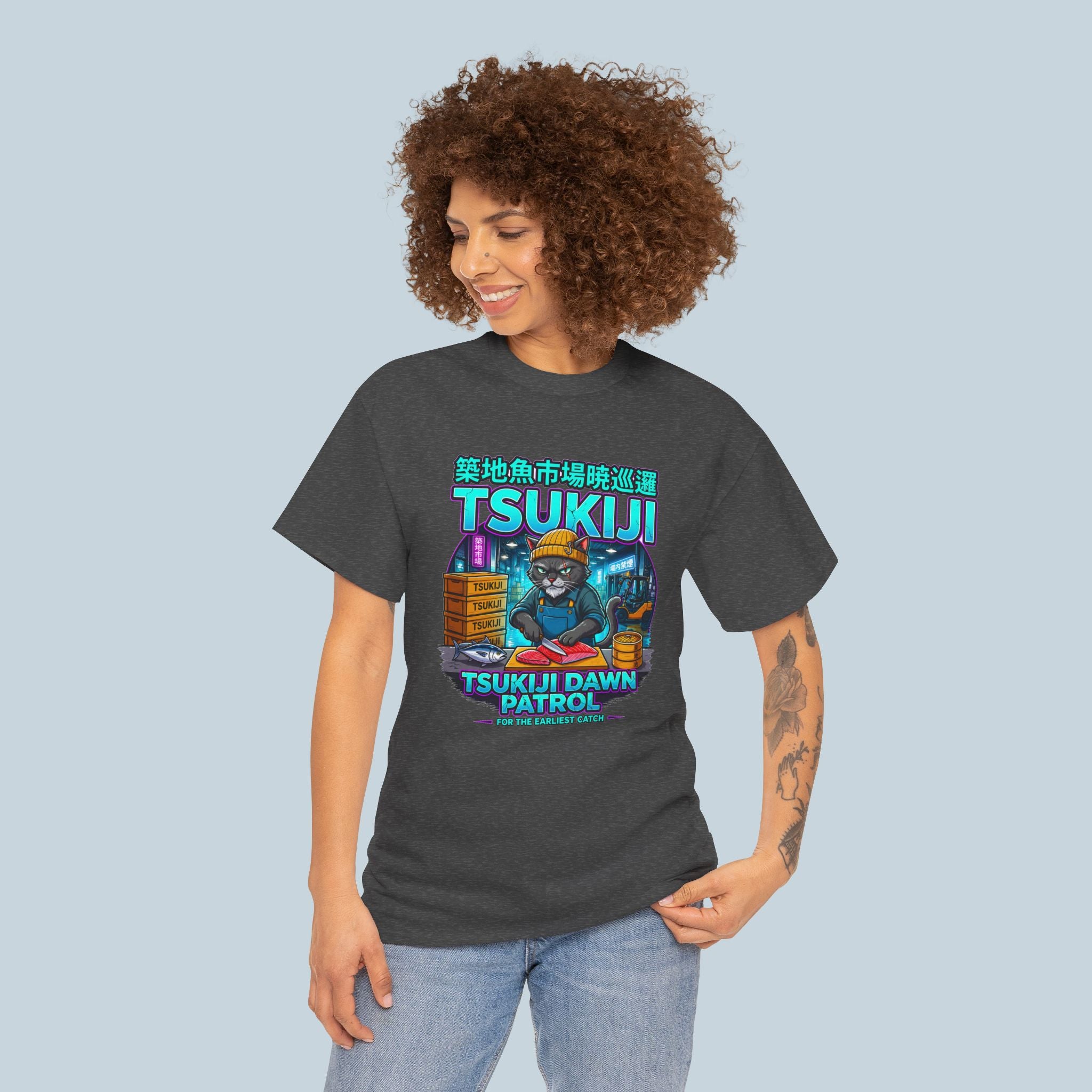 Tsukiji Dawn Patrol T Shirt Anime Cat Shirt Japanese Streetwear Neon Sushi Market Graphic Tee