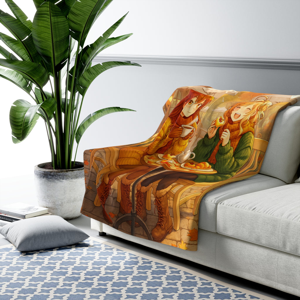 Autumn Café Sherpa Blanket Cozy Anime Fall Decor Warm Fleece Gift for Anime Lovers