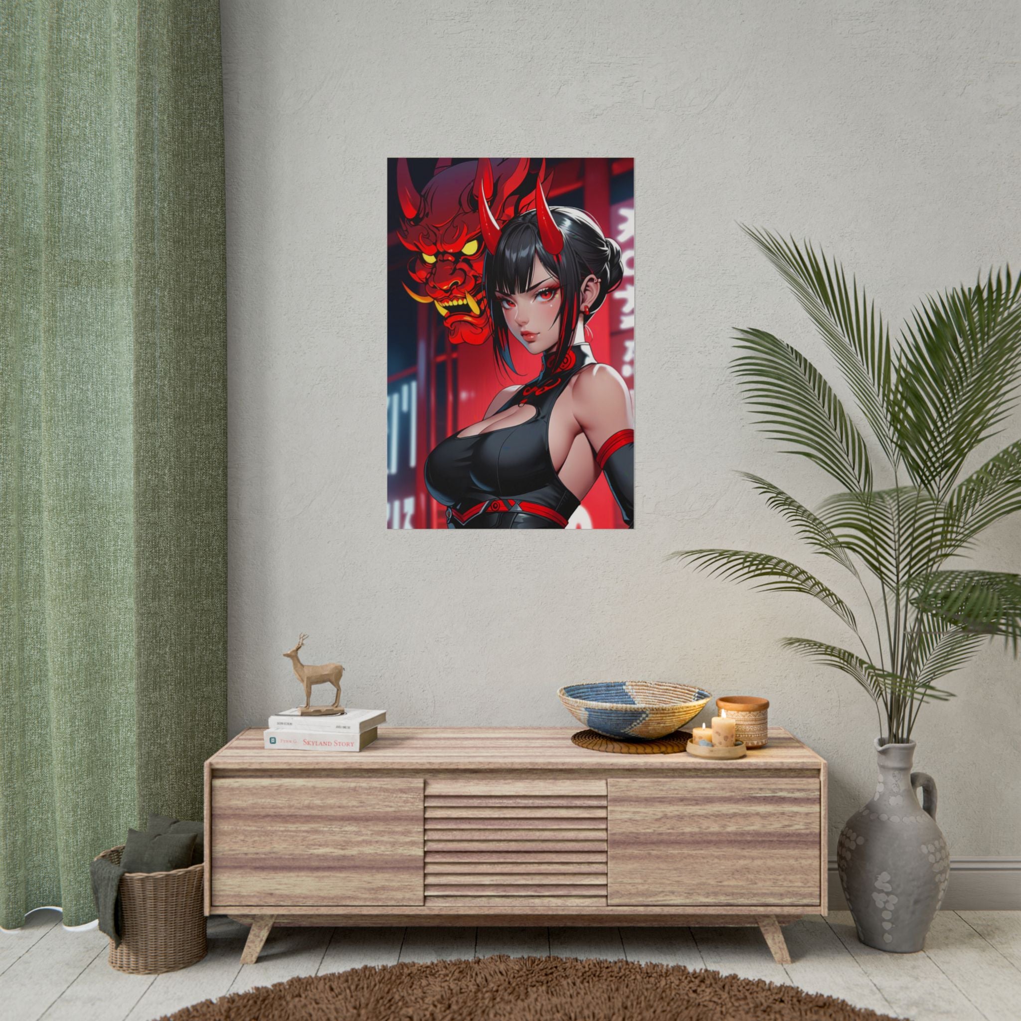 Oni Mask Demon Girl Poster – Cyberpunk Anime Wall Art Print, Japanese Horror Decor, Neon Manga Pin Up Girl Poster
