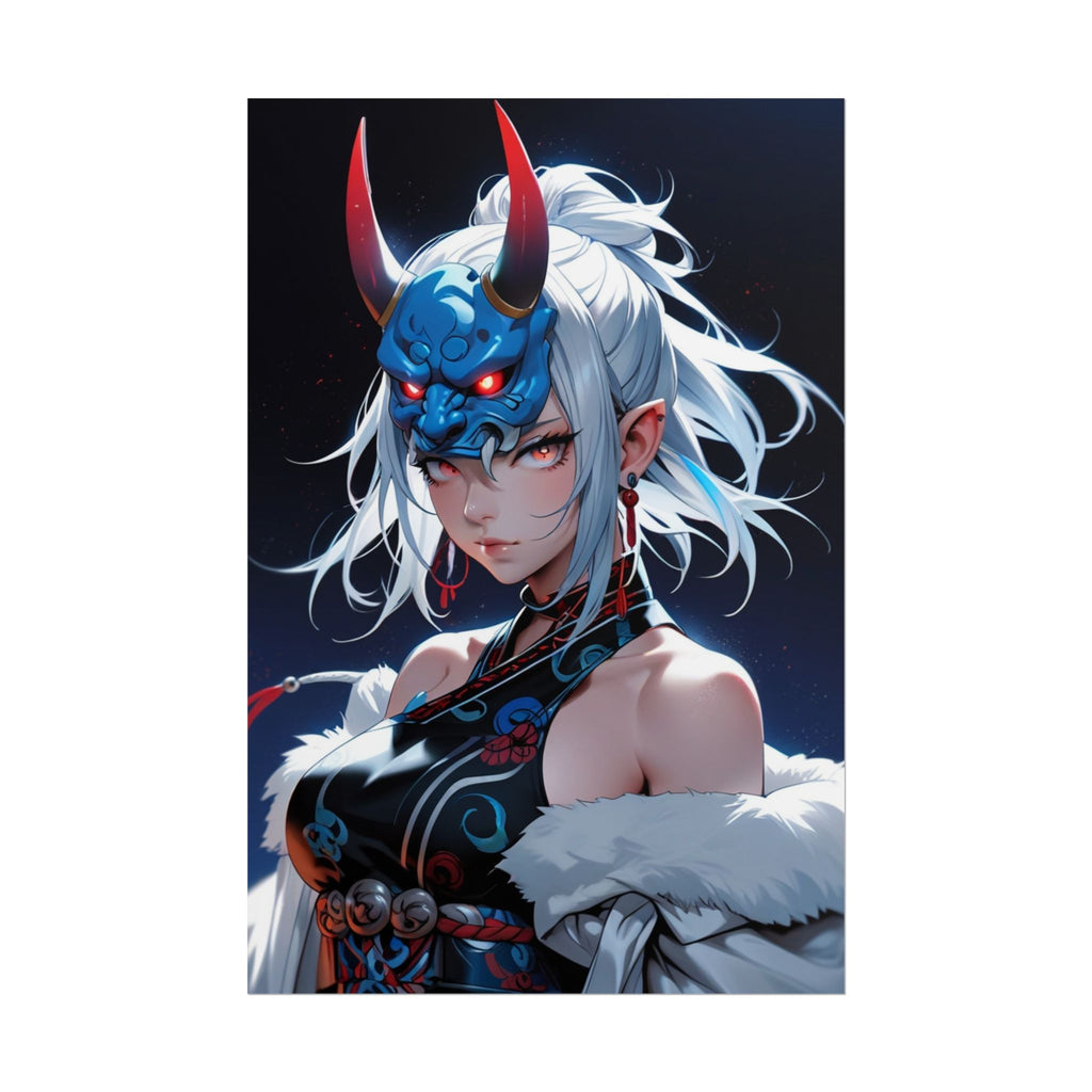 Blue Oni Mask Queen Poster – Anime Demon Girl Wall Art Print, Japanese Yokai Fantasy Artwork, Cyberpunk Pin Up Poster, Manga Horror Decor
