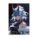 Blue Oni Mask Queen Poster – Anime Demon Girl Wall Art Print, Japanese Yokai Fantasy Artwork, Cyberpunk Pin Up Poster, Manga Horror Decor