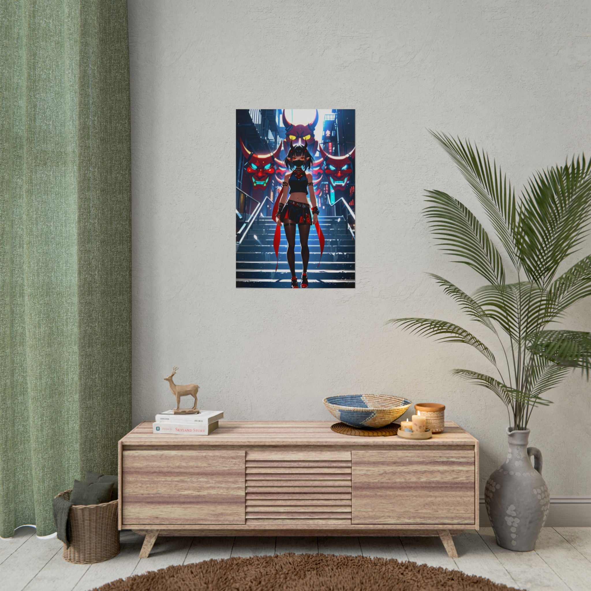 Queen of the Oni Masks Anime Poster - Horror Demon Girl Wall Art - Japanese Oni Mask Print - Dark Fantasy Anime Decor - Neon Cyberpunk Oni Girl Poster - Epic Anime Apparel