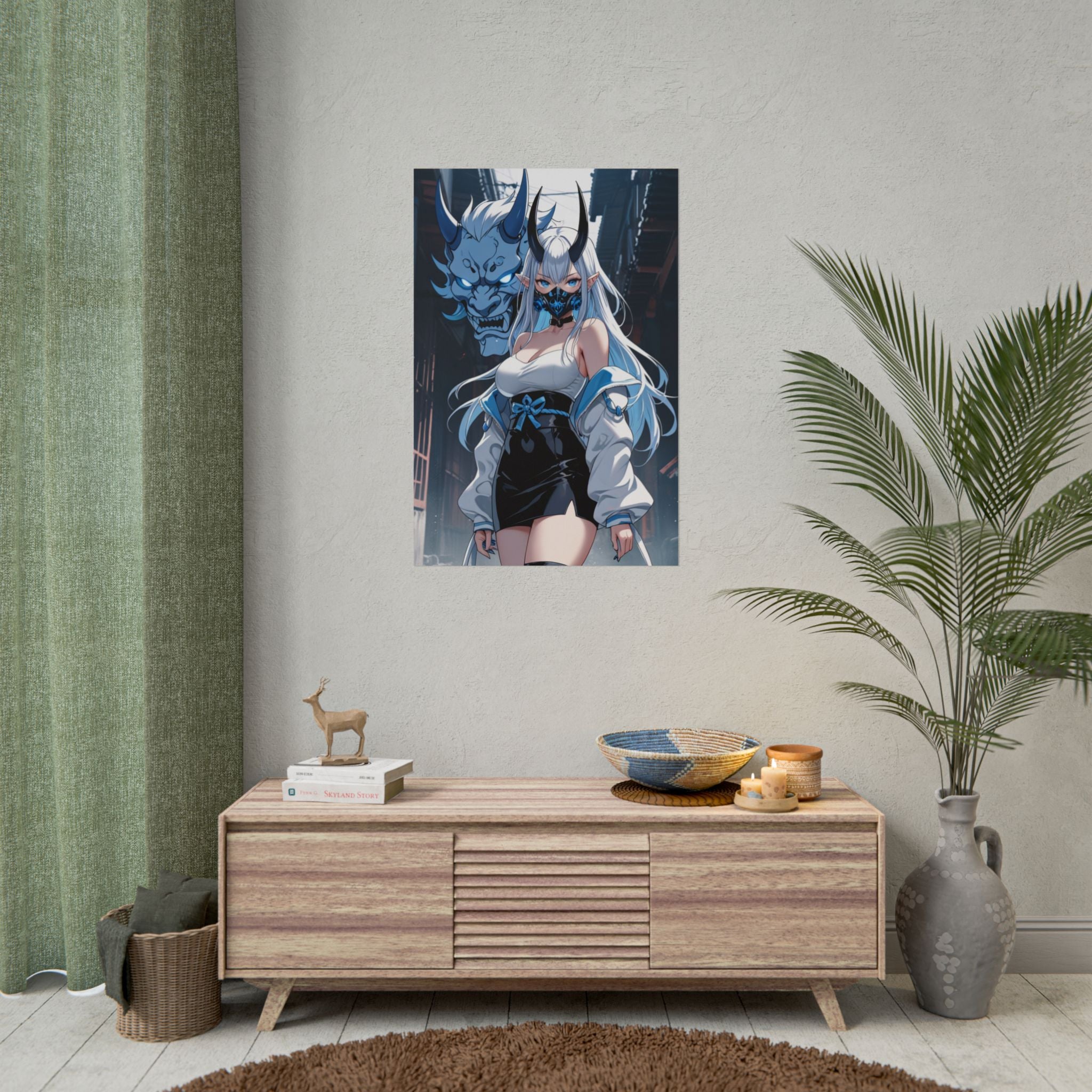 Ice Oni Girl Poster – Anime Demon Wall Art Print, Blue Oni Mask Spirit, Japanese Yokai Fantasy Poster, Cyberpunk Manga Pin Up Wall Decor