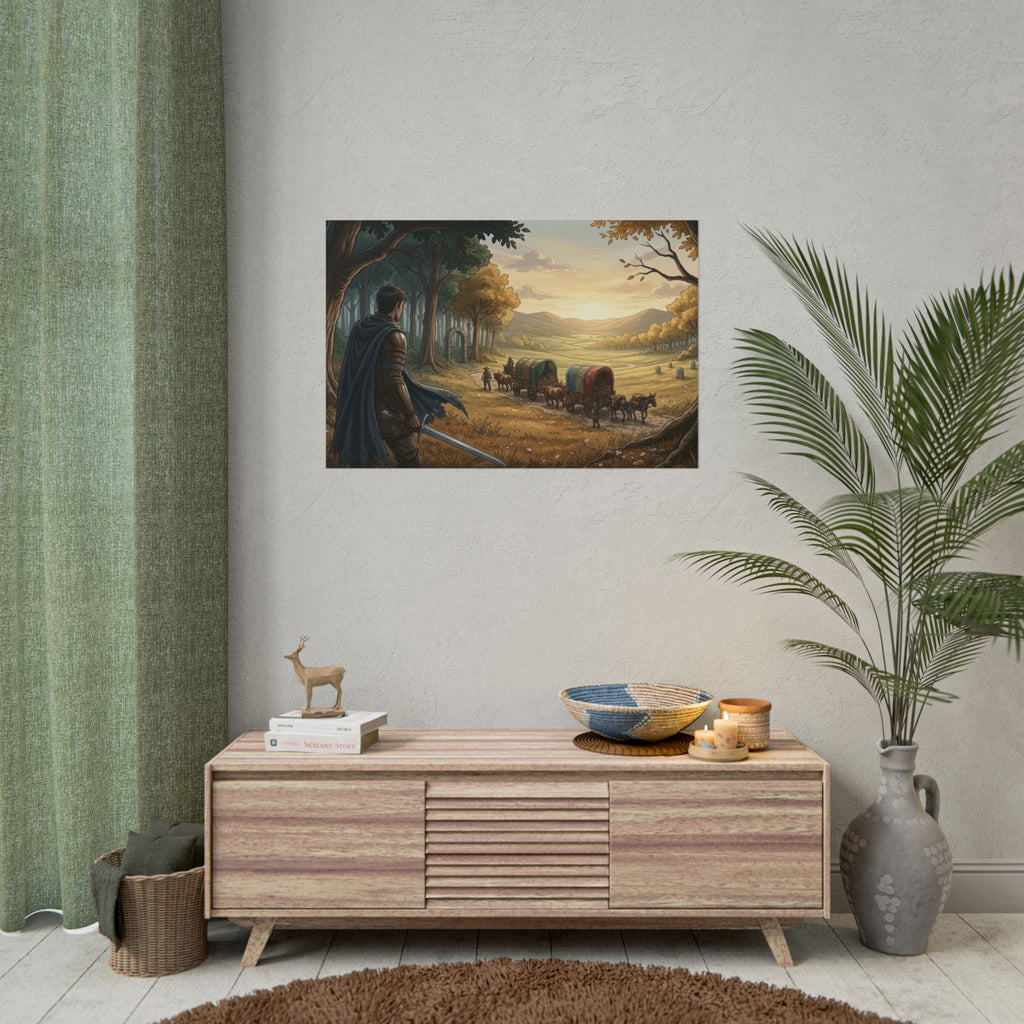 Fantasy Caravan Poster – Medieval Journey Art Print, Lone Warrior Watching Wagons, Storybook Landscape, Adventure Wall Decor
