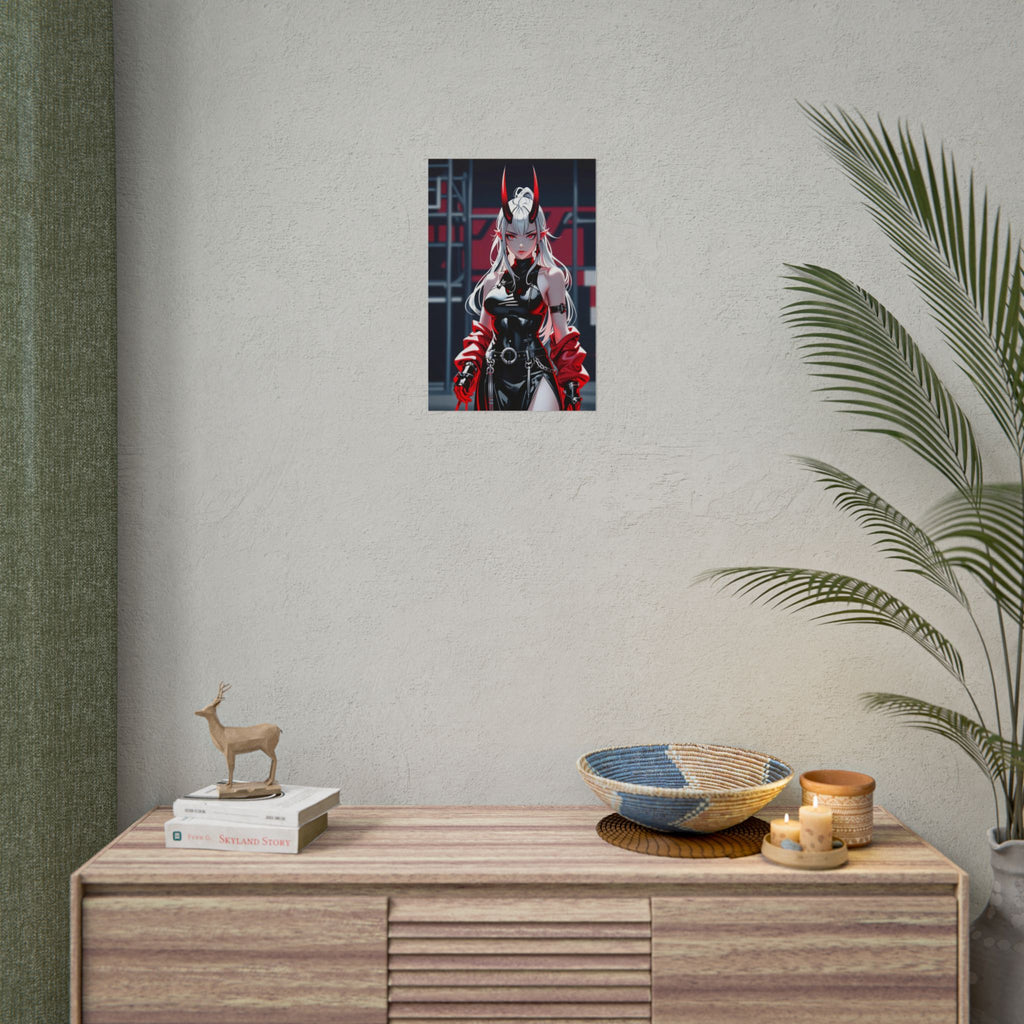 White Haired Demon Girl Poster - Anime Horror Wall Art - Red Horn Oni Girl Print - Sexy Pin Up Anime Decor - Gothic Cyberpunk Demon Artwork - Epic Anime Apparel