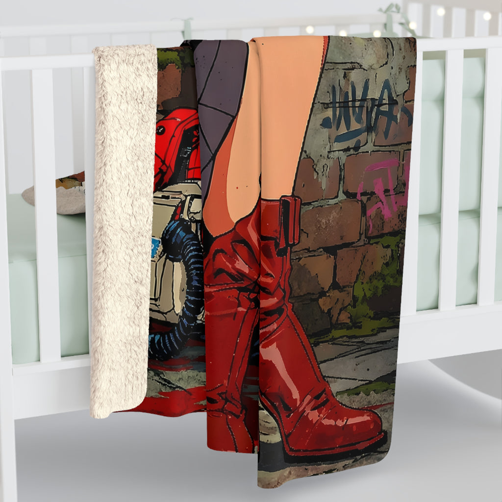 Anime Pin Up Girl Sherpa Blanket Grindhouse Girl Gun Horror Throw Soft Cozy Gift for Anime Fans and Gamers