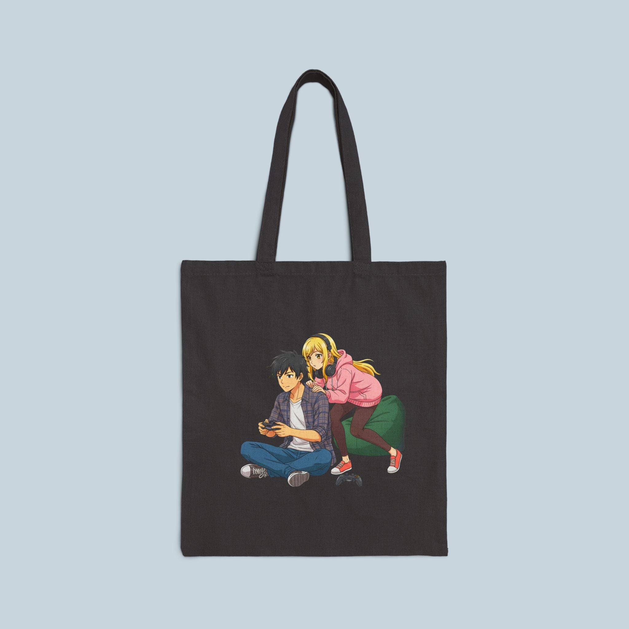 Anime Couple Tote Bag — Cute Gamer Girl & Boy Cotton Canvas Shopper