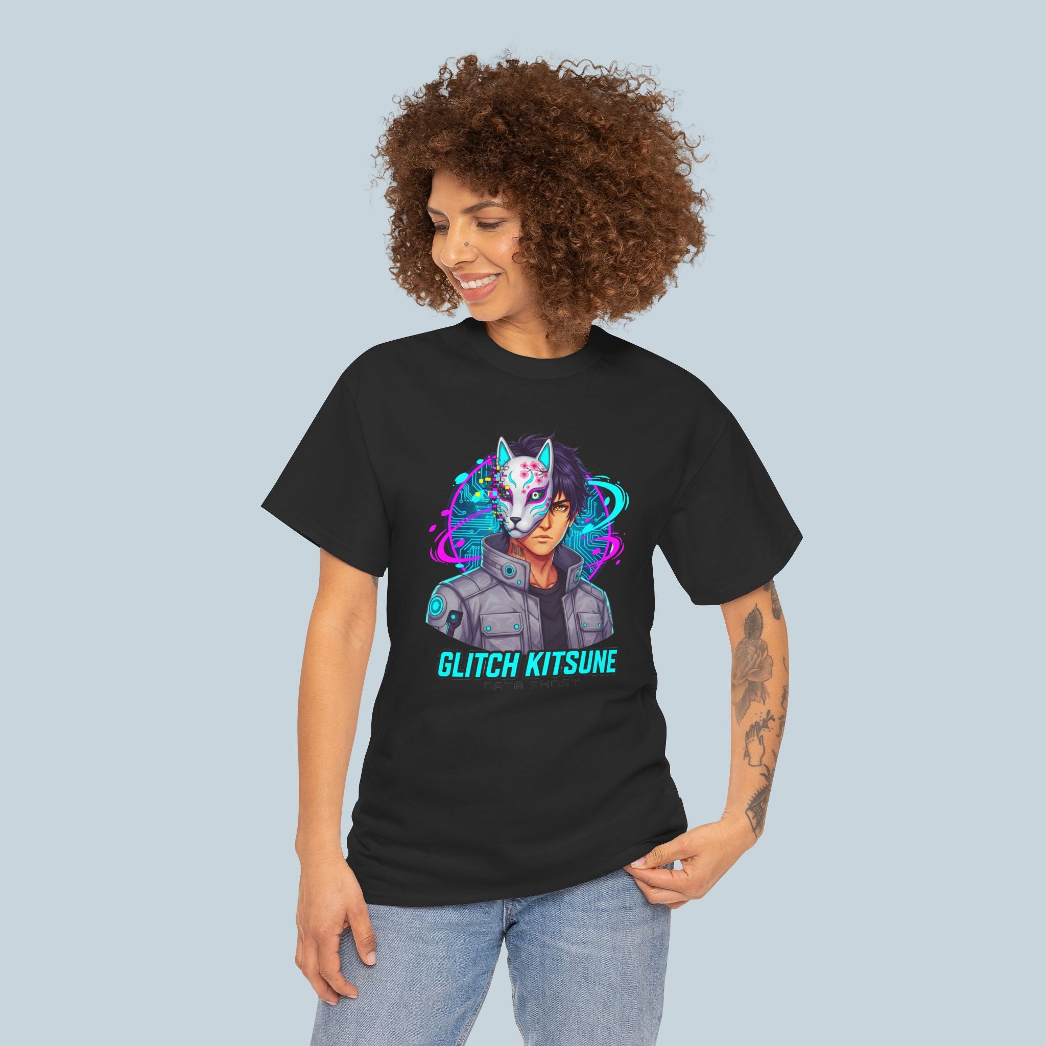 Glitch Kitsune Anime T Shirt Cyberpunk Fox Mask Neon Streetwear Tee