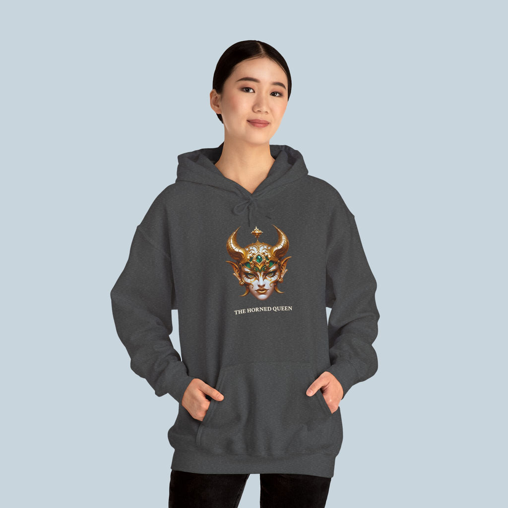 The Horned Queen Hoodie – Dark Fantasy Anime Streetwear with Gold Mask Design | Epic Anime Apparel