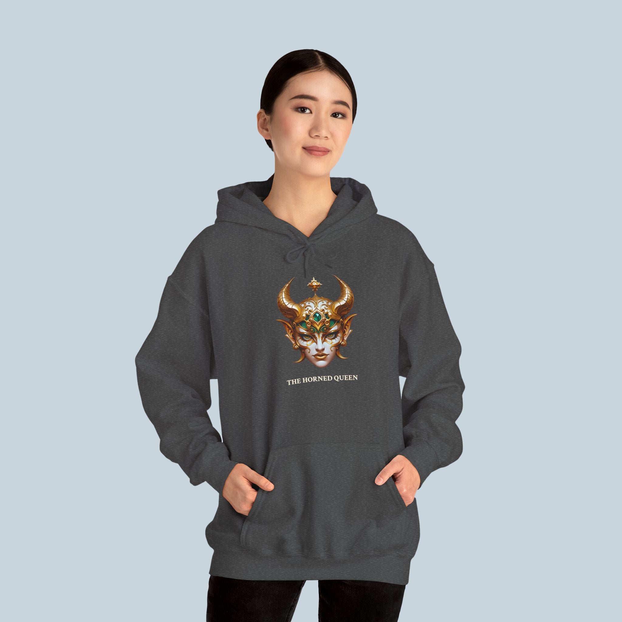 The Horned Queen Hoodie – Dark Fantasy Anime Streetwear with Gold Mask Design | Epic Anime Apparel