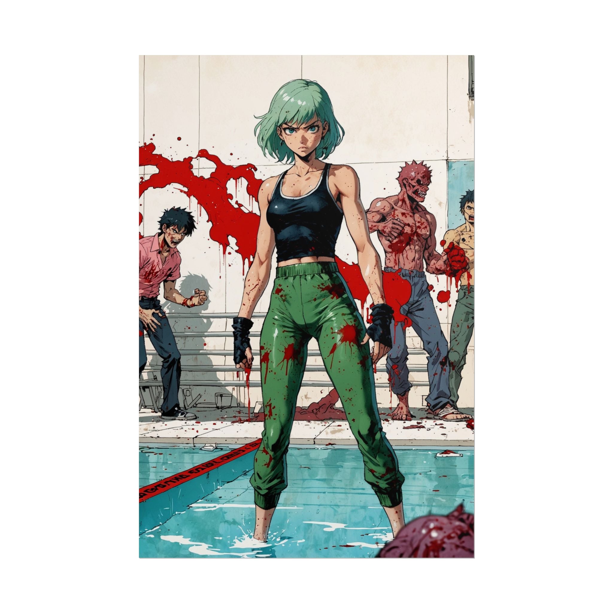 Zombie Pool Survivor Anime Poster – Horror Manga Wall Art, Retro Apocalypse Print, Collector Decor, Gamer Room Poster