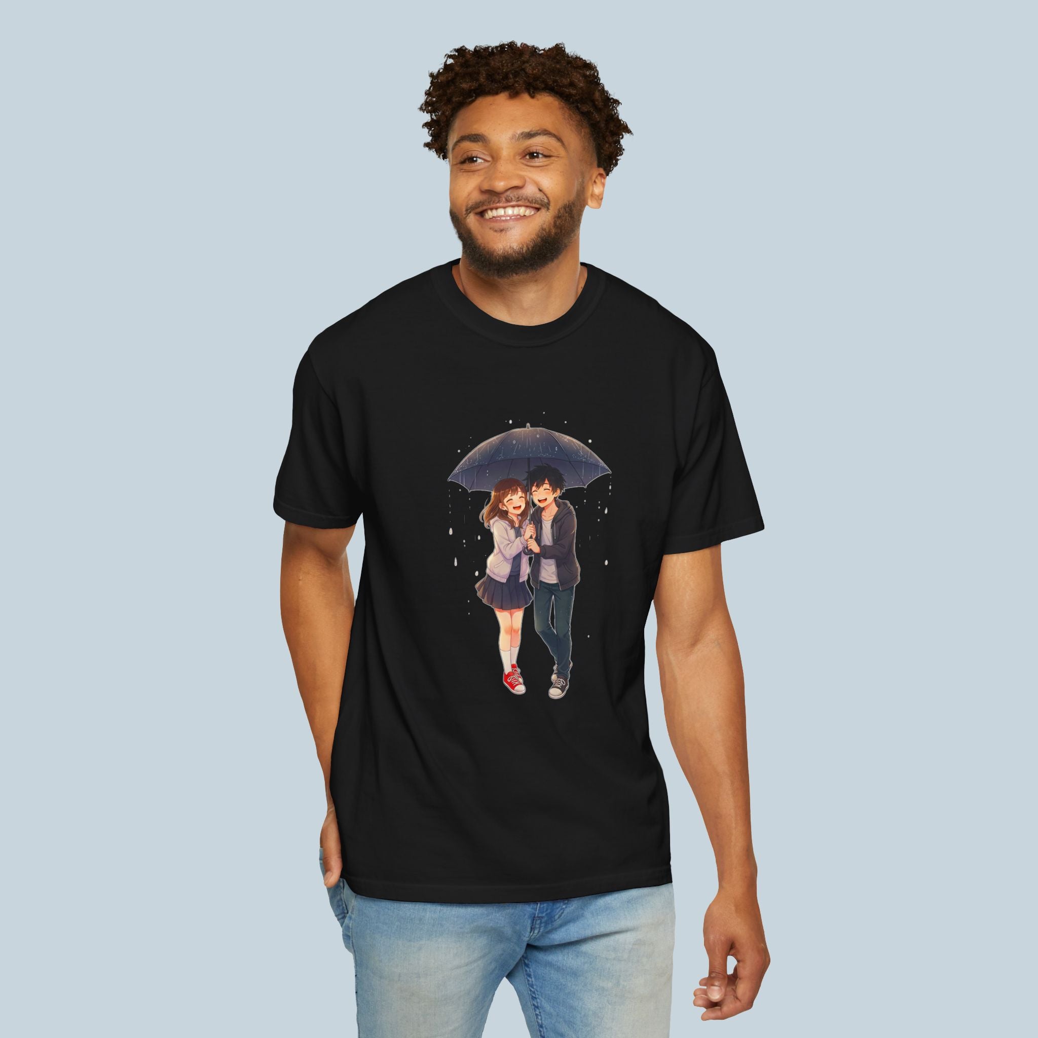Anime Couple Under Umbrella T-Shirt Cute Romantic Japan Streetwear Comfort Colors Tee Gift for Anime Fans