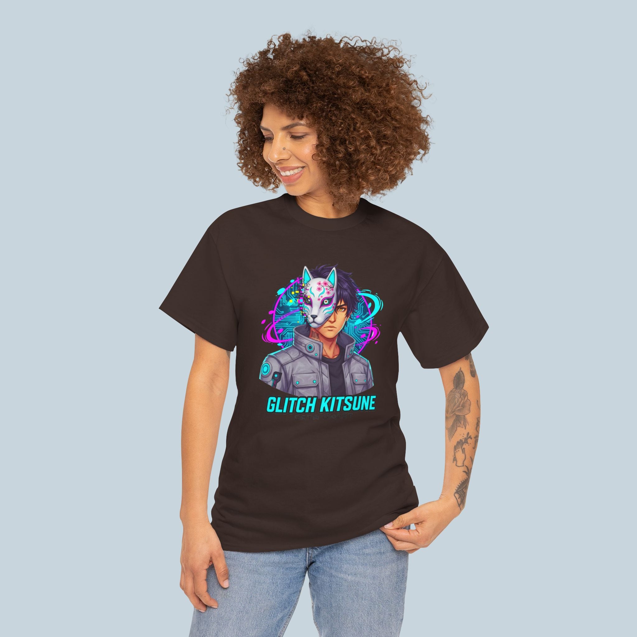 Glitch Kitsune Anime T Shirt Cyberpunk Fox Mask Neon Streetwear Tee