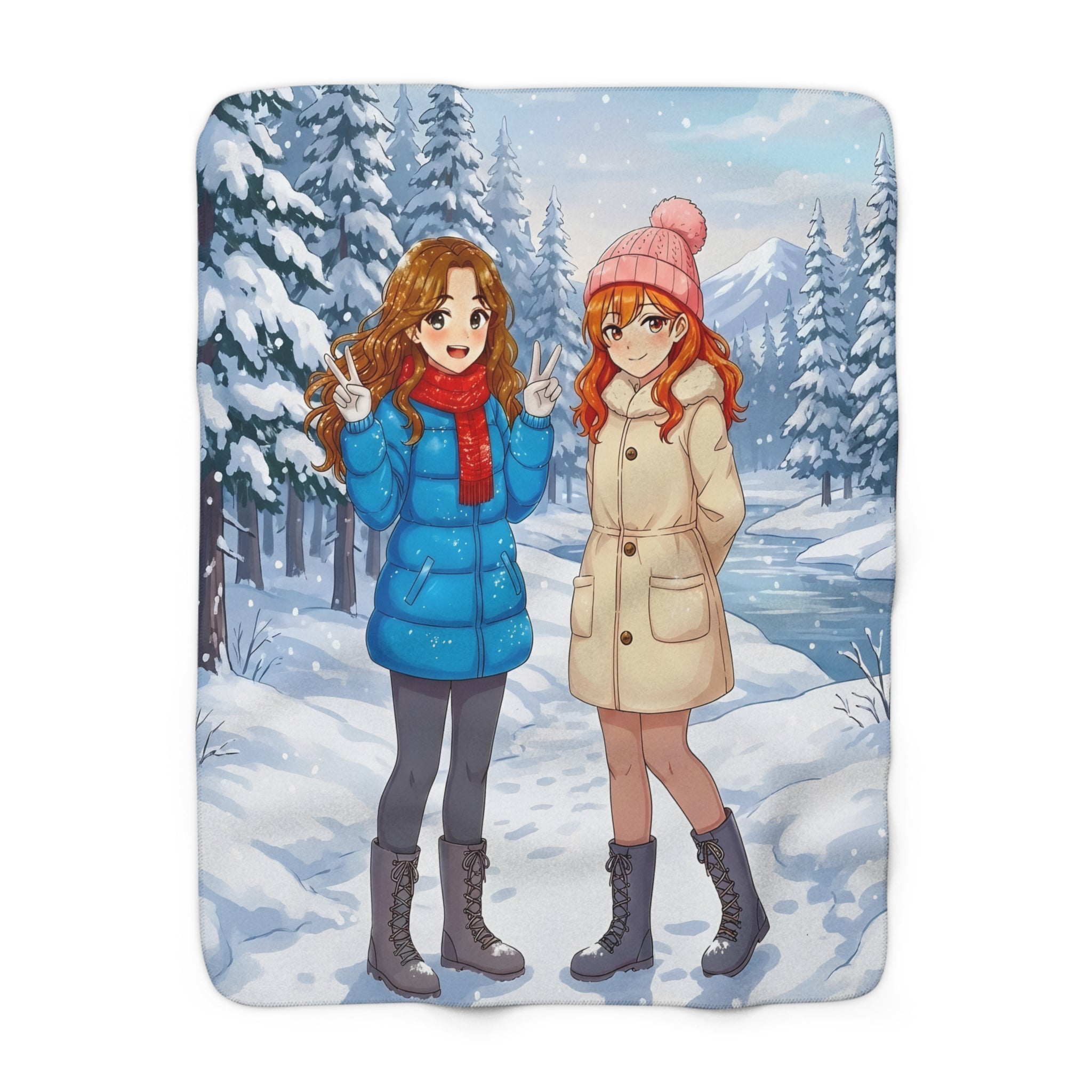 Cozy Winter Anime Sherpa Blanket Girls in Snowy Forest Cute Manga Style Gift for Anime Fans